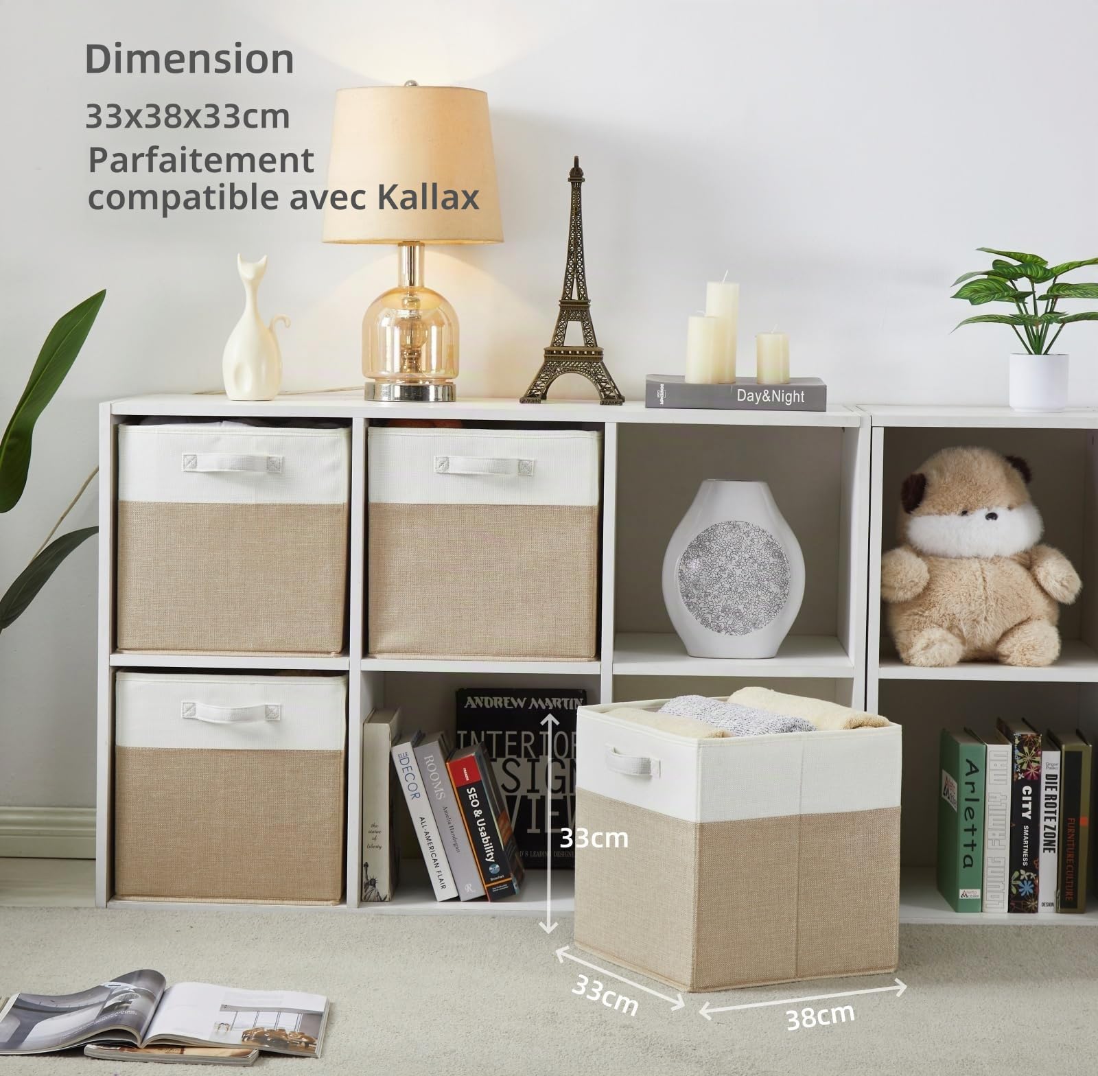 Cube de Rangement Tissu 33x38x33cm, Panier Cube de Rangement, Boite rangement (Blanc kaki clair, Lot de 4)