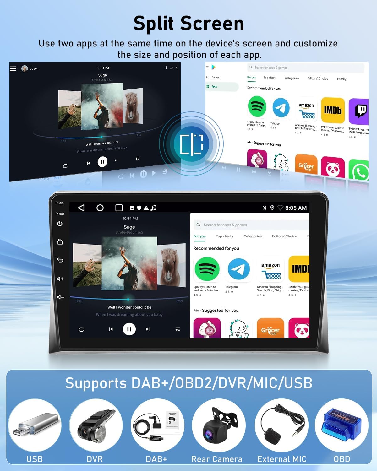 NHOPEEW 2G+64G Android Autoradio per VW T5 Multivan 2008-2015 - 9 pollici Stereo con Senza fili Carplay e Android Auto WiFi EQ GPS FM RDS + AHD Telecamera posteriore
