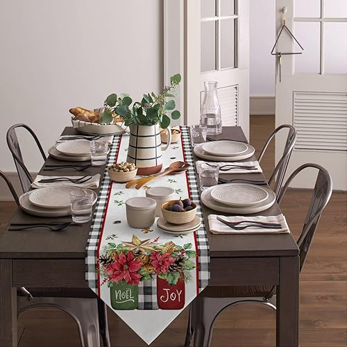 Miniatura 3 de Camino de mesa navideño de búfalo de 13 x 108 pulgadas de largo, lino y algodón, decoración de mesa de arpillera, bufandas de tocador para cocina,