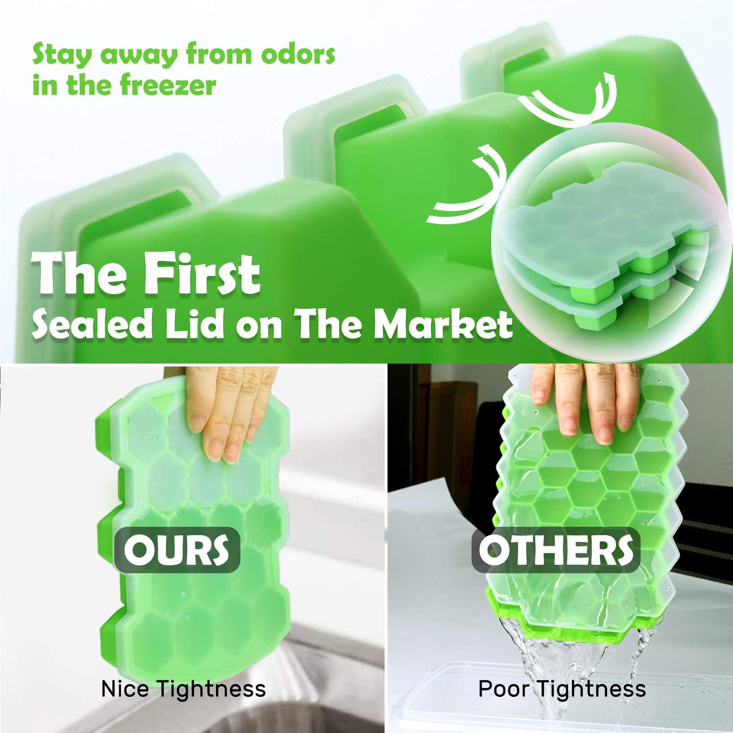 Silicone Ice Cube Trays with Lid - KIPRITII Upgrade 2 Packs Ice Trays Molds with Sealed Lids and Separate Pockets (Green)