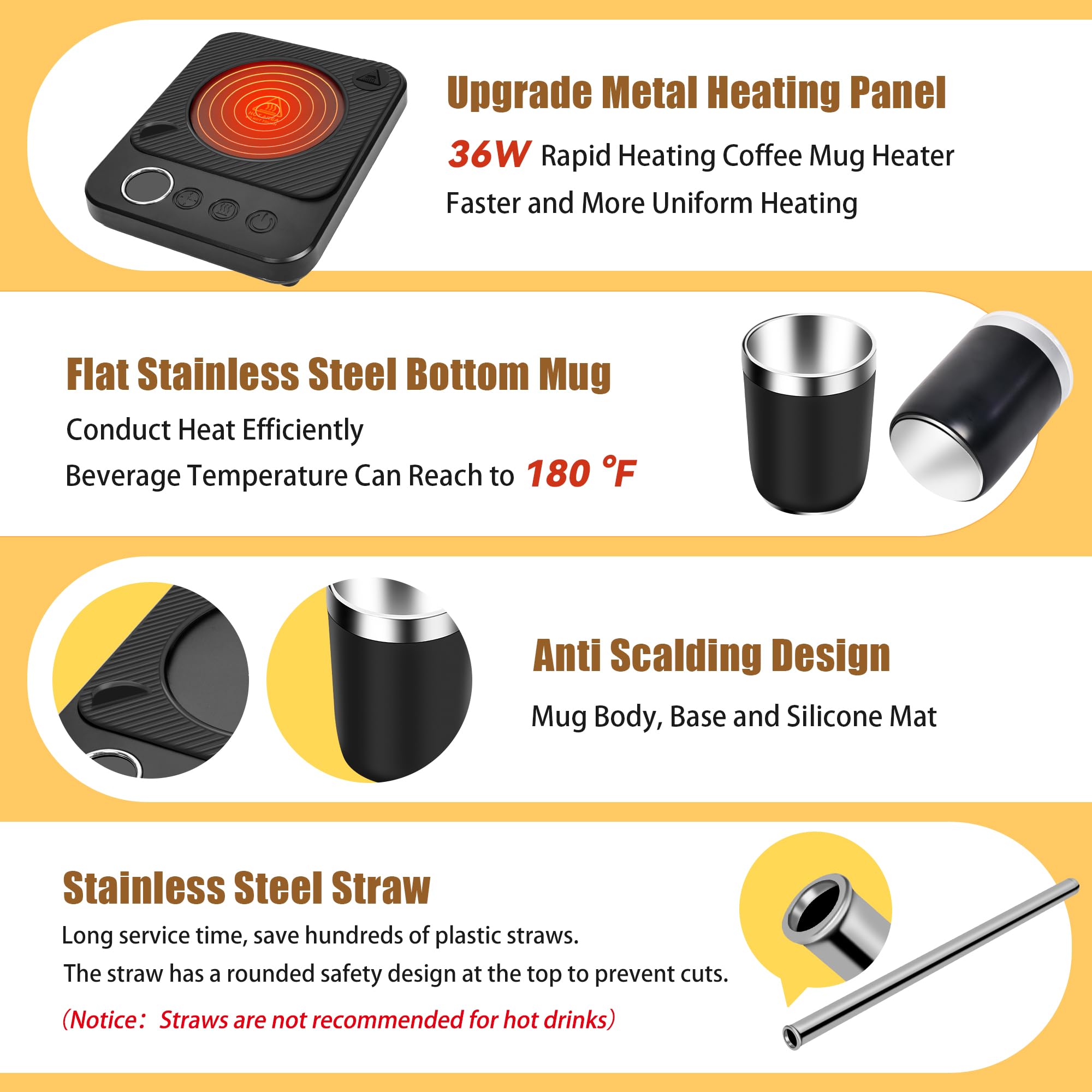 Calentador de taza de café de 13 onzas y popote de acero inoxidable, calentador eléctrico de taza inteligente de 36 W, 6 ajustes de temperatura, temporizador de 12 horas, regalos para mujeres y 4