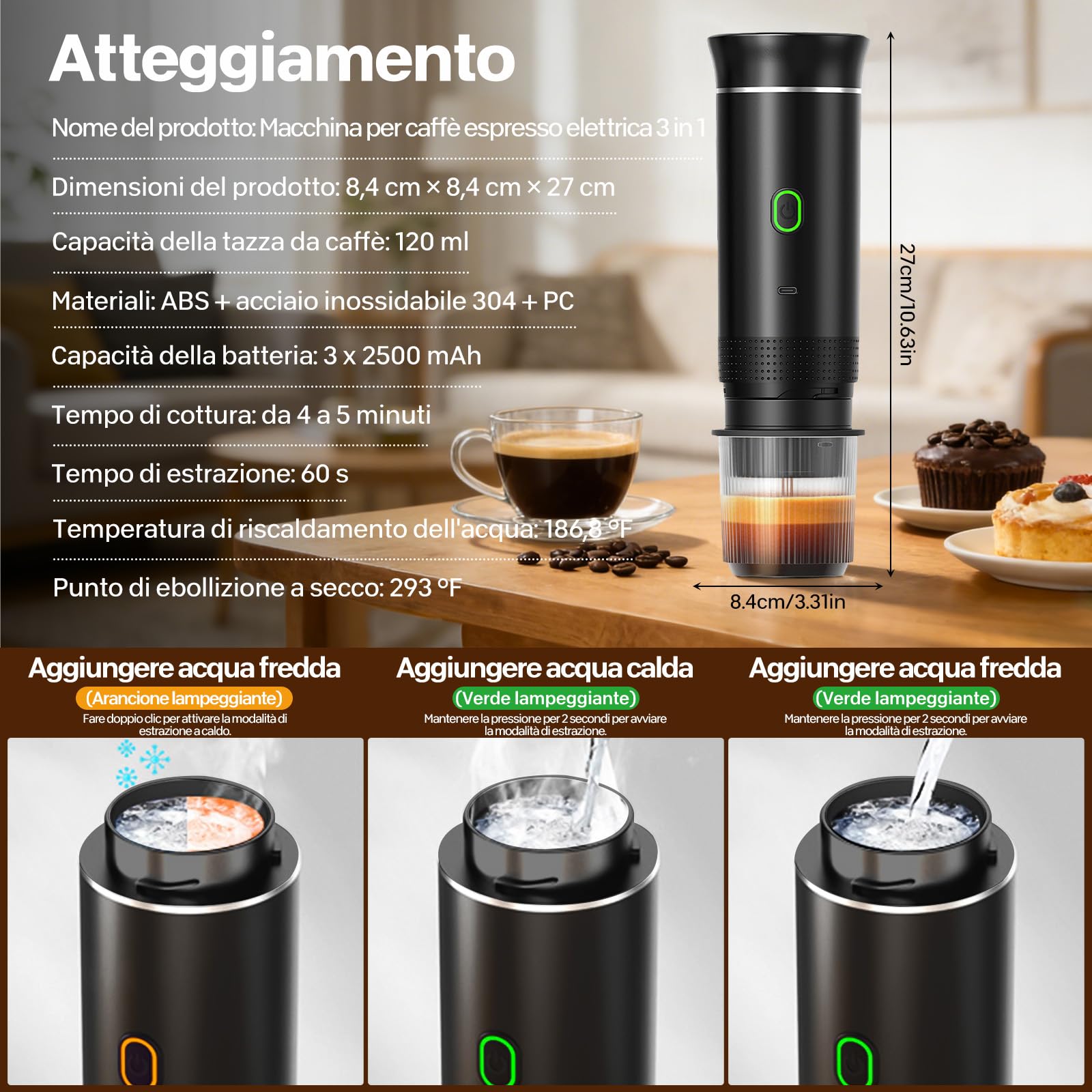 VHV Macchina Caffe Portatile 3 In 1 Macchina Caffe, 3 Minuti Di Auto-Riscaldamento, Caffettiera Elettrica Compatibile con Piccole Capsule, Grandi Capsule, Caffe Macinato, Per Ufficio, Auto (Nero)