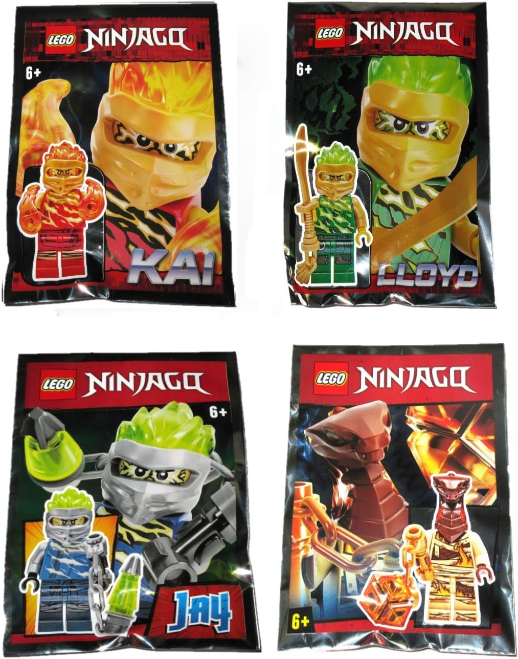 Ninjago Kai Lloyd Jay and Pyro Whipper FS Spinjitzu Slam Minifigures- Collector Foil Pack Combo