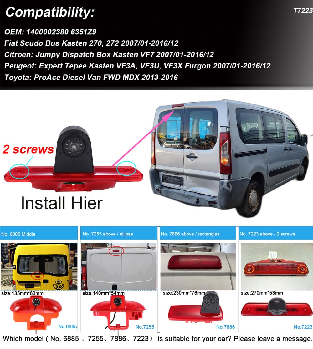 Kit de caméra de recul HD avec écran LCD de 4,3" de rechange pour Fiat Scudo Bus Box 270 272/Citroën Jumpy Dispatch Box VF7/Peugeot Expert Tepee Kasten VF3A VF3U VF3X Furgon/Toyota ProAce Diesel