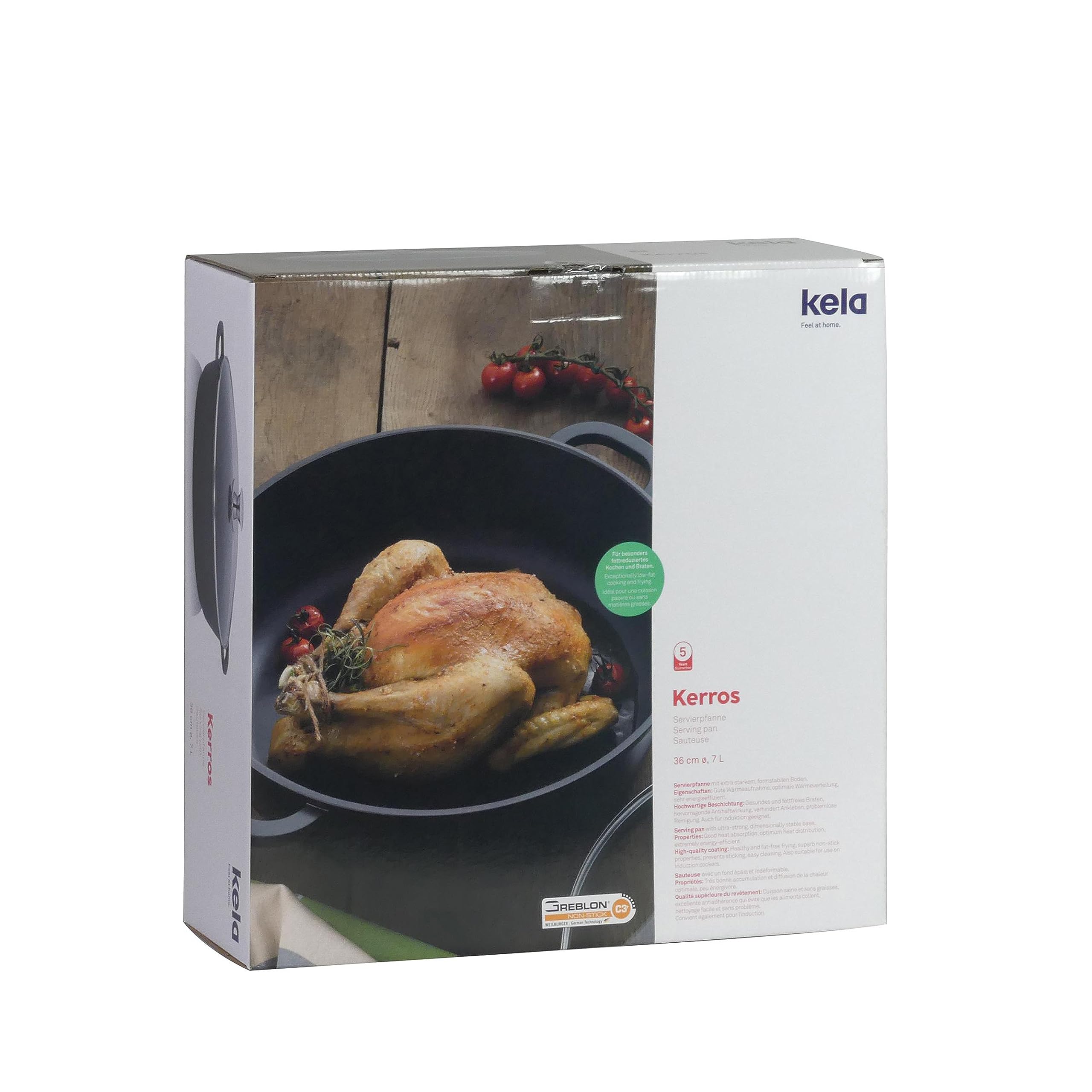kela Servierpfanne 36 cm, Induktion Schmorpfanne mit Deckel KERROS, Aluguss beschichtet, Paella Pfanne hoher Rand