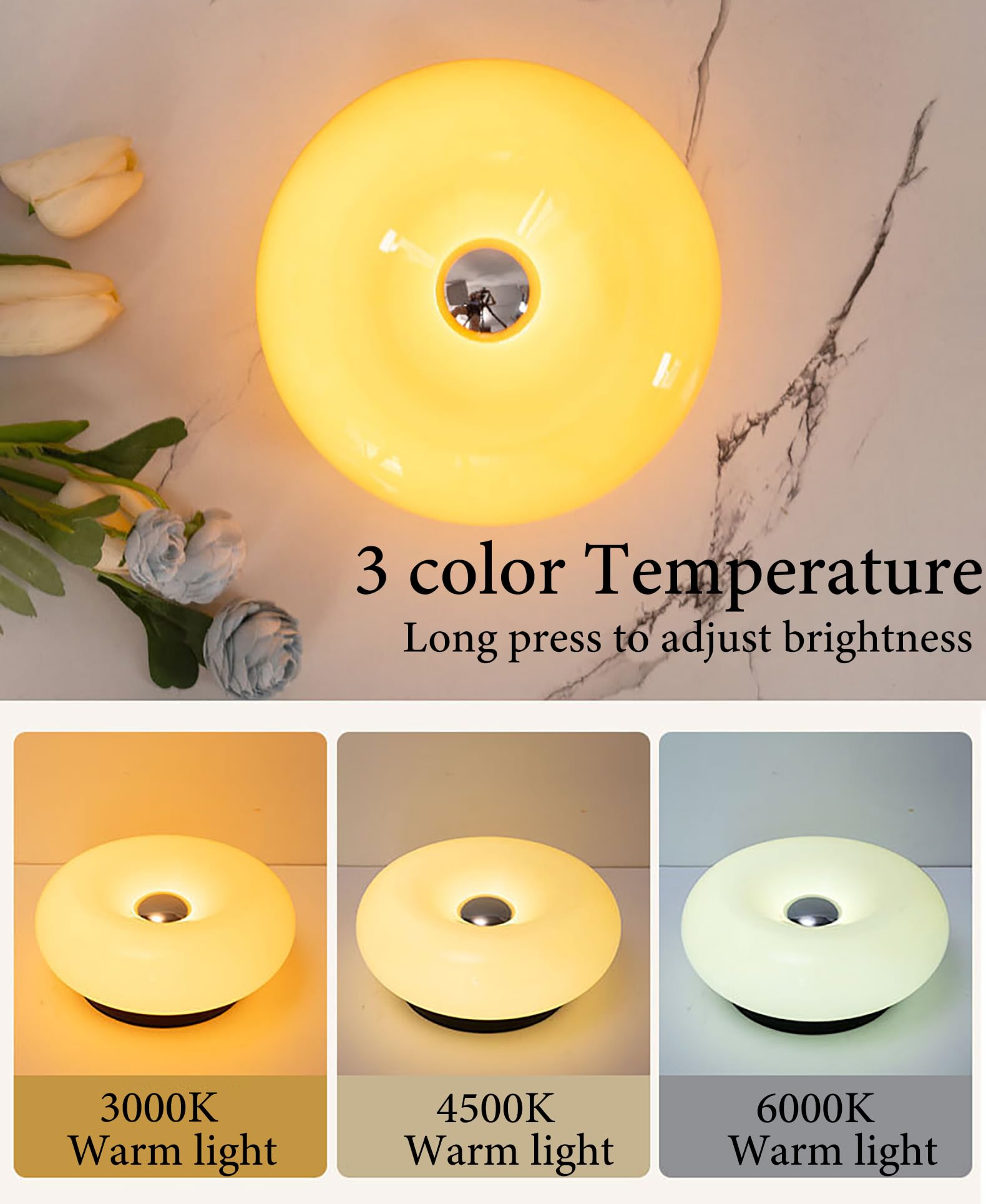 LED Donut Tischlampe Klein Moderne Designleuchte mit Ambientelicht 3 Farbtemperatur Akku USB Aufladbar Tischleuchte mit Touch Dimmbar Nachttischlampe Ohne Kabel Glas Lampenschirm 1800mAh,Orange