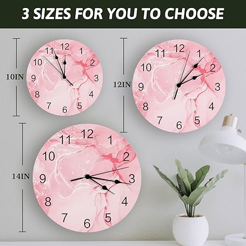 Miniatura 7 de Reloj de pared de 10 pulgadas, silencioso, sin tictac, con textura de mármol rosa abstracto, reloj decorativo redondo para sala de estar,