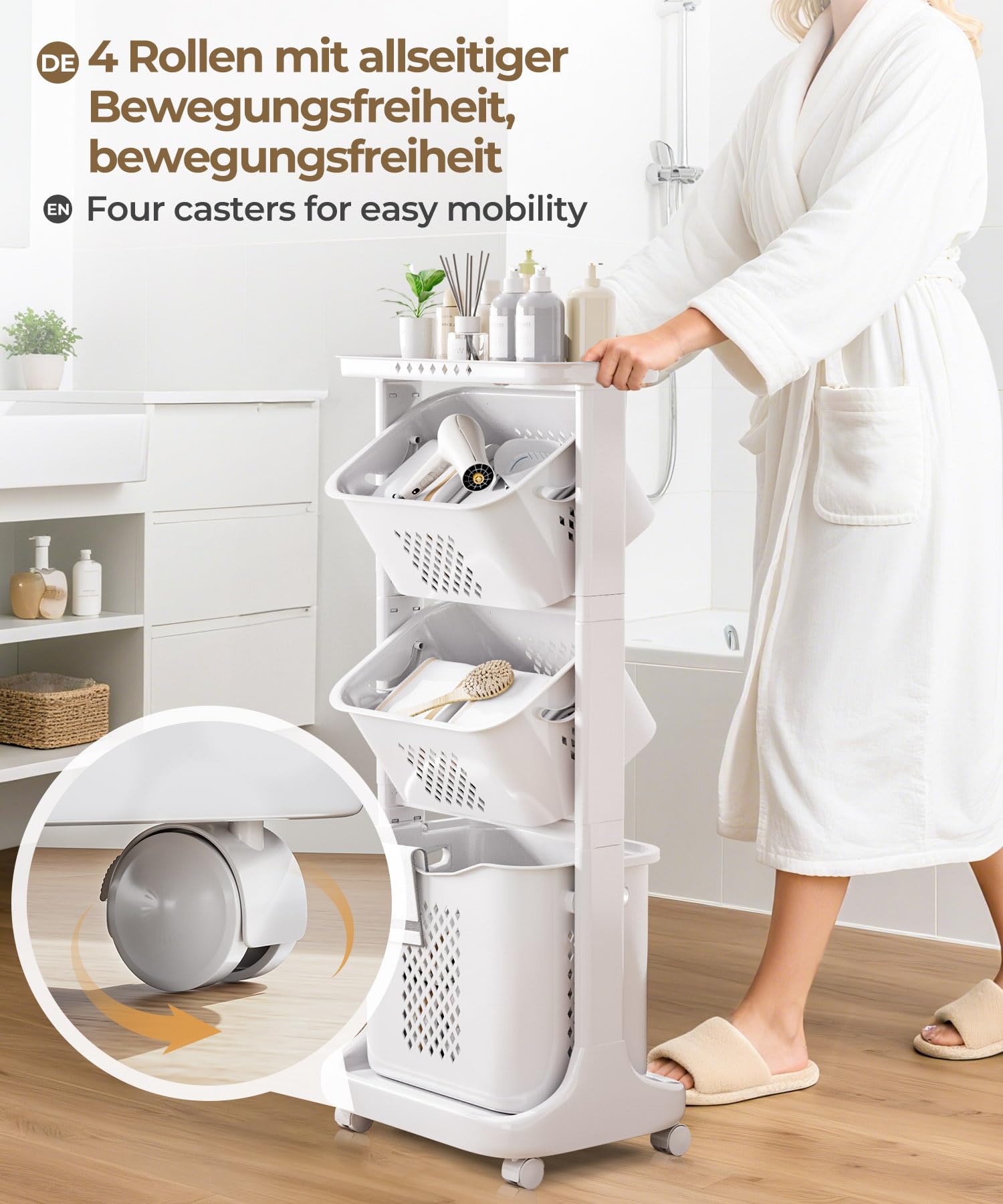 Yorbay Cesta Portabiancheria con Ruota e Manico, 3 Ceste Estraibili, Cesto per Vestiti Sporchi, per Giocattoli, Bagno, Camera, Mobile, 108.8x32.8x43.7cm, Grigio