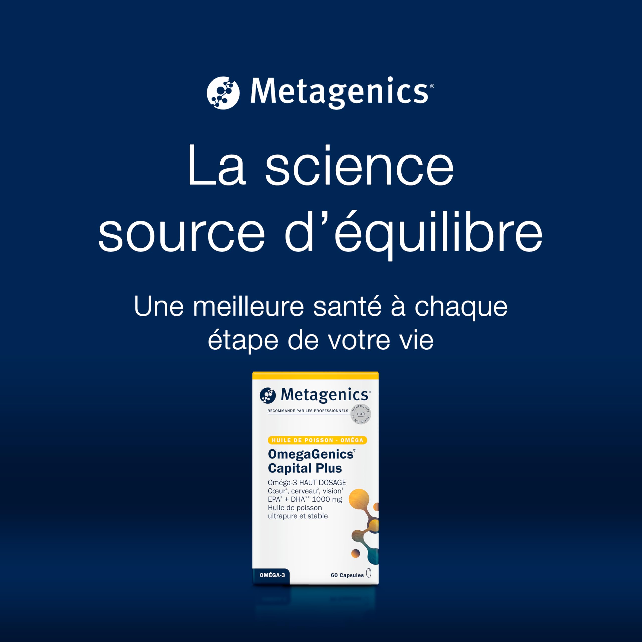 Metagenics OmegaGenics Capital Plus, Oméga 3 EPA DHA, 60 Gélules | Les oméga-3 EPA et DHA contribuent à une fonction cardiaque normale. Le DHA contribue au fonctionnement normal du cerveau.