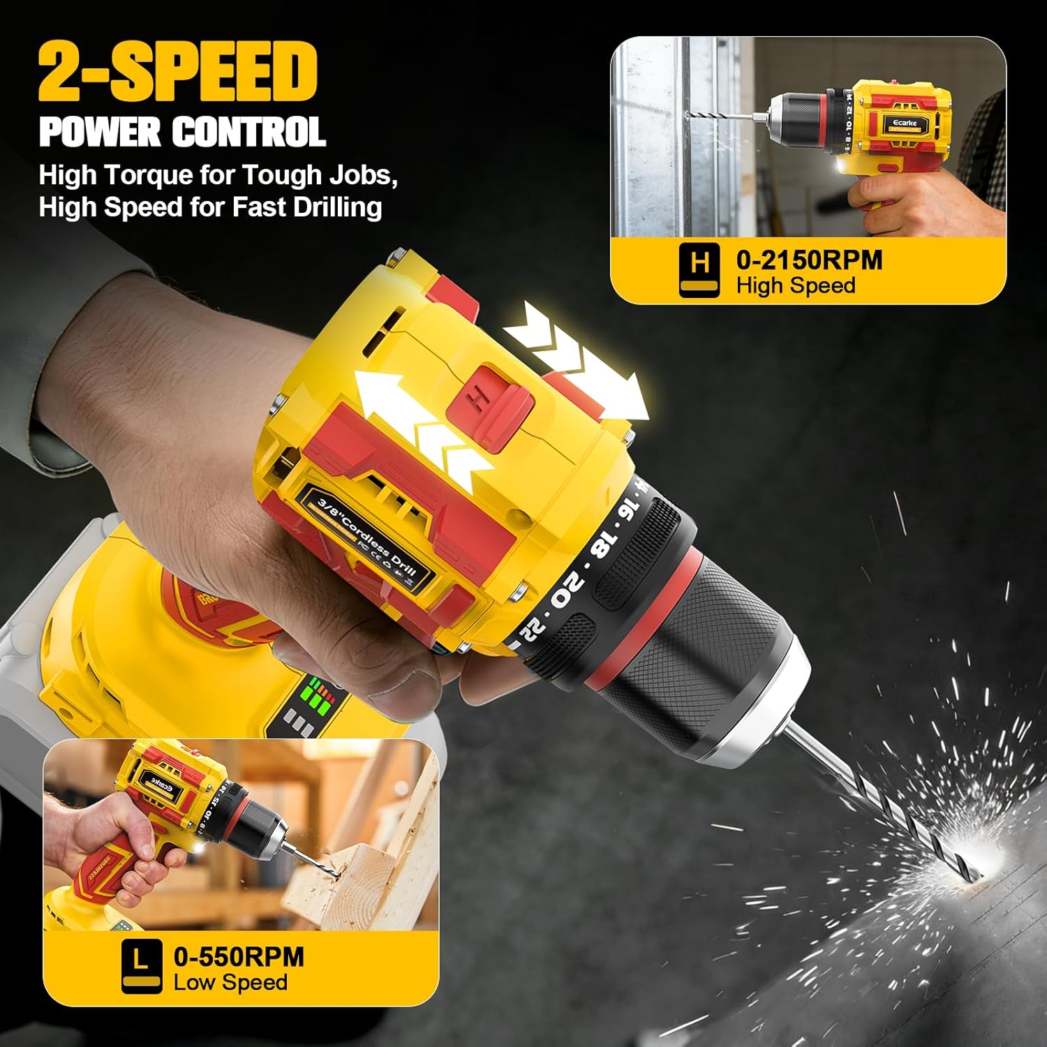 Ecarke Cordless Drill Driver Impact Driver Compatible with DeWalt 20V Battery (Bare Only), Brushless Power Tool Combo Kits, 3/8'' Drill 2800 In-lbs & 1/4'' Driver 440 In-lbs for Home DIY, Woodworking
