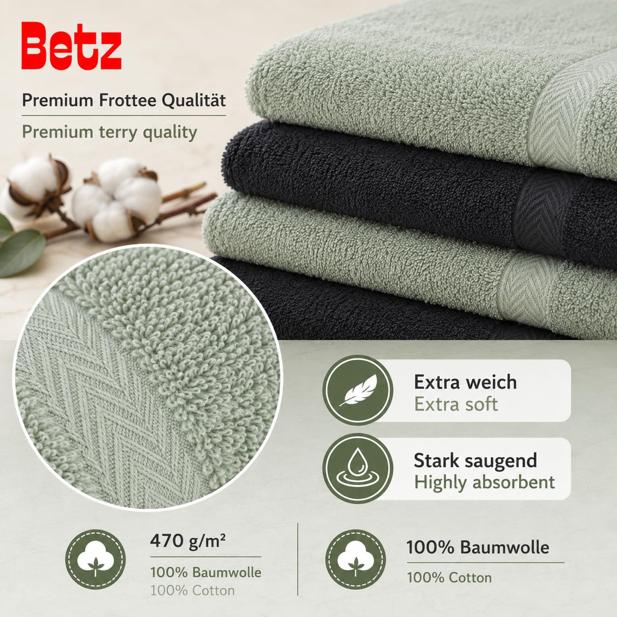 Betz Lot de 12 Serviettes Premium 2 draps de Bain 4 Serviettes de Toilette 2 Serviettes d'invité 2 lavettes 2 Gants de Toilette 100% Coton Couleur Graphite & Vert Foin