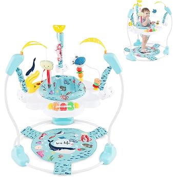 LIFEZEAL Jumperoo Baby Walker with 360  Rotating Seat Height-Adjustable Walker with 9 Toys Jungle Play Centre with Lights & Melodies for Babies and Toddlers Light Blue