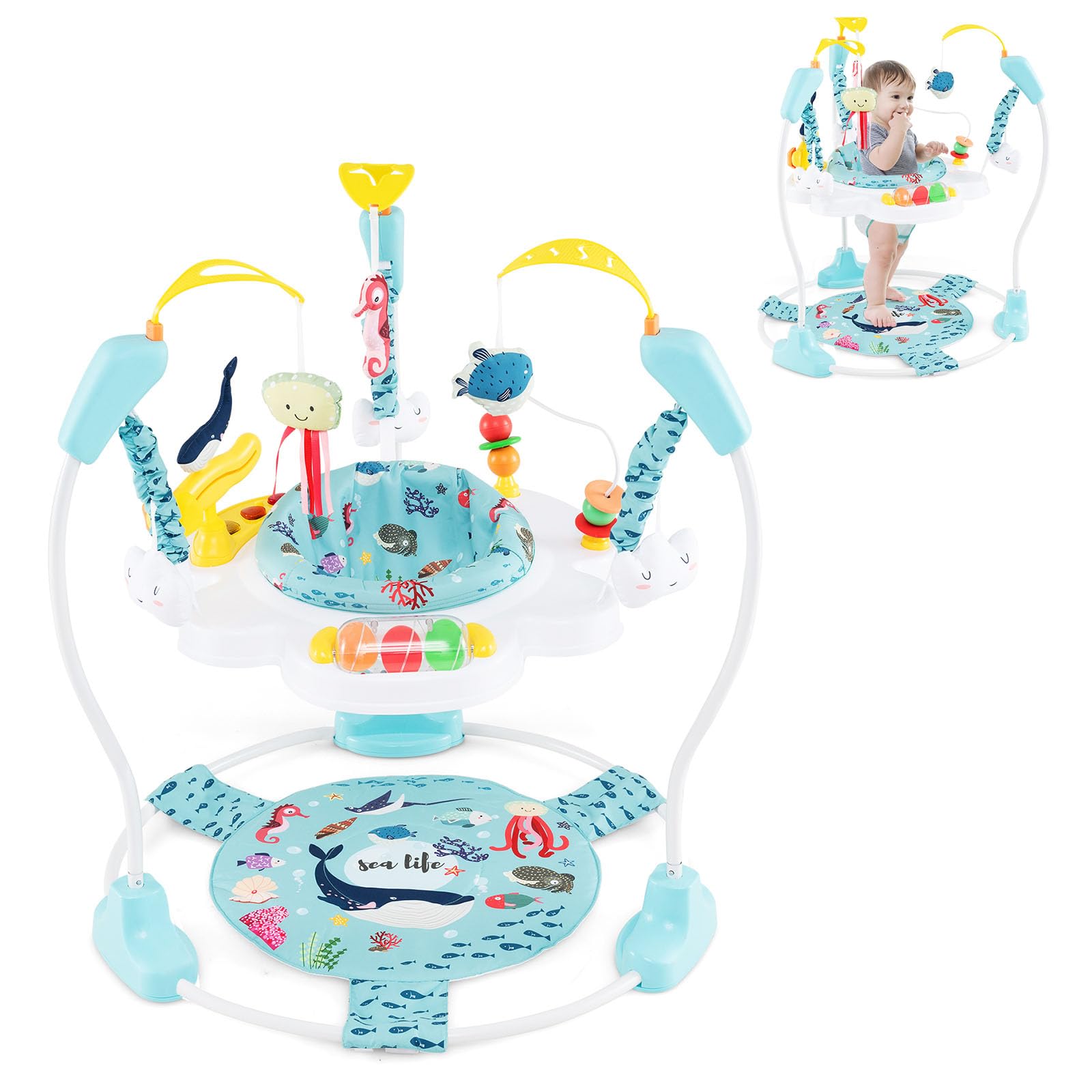 LIFEZEAL Girello per Bambini 6-18 Mesi, con Sedile Girevole a 360°, 9 Giochi Montessori, Luci e Melodie, Girello Neonato, con Altezza Regolabile, Centri di attività Fissi, Jumperoo per Bimbi (Blu)