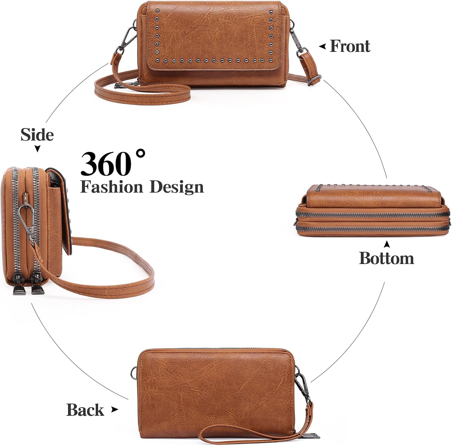 GOIACII Small Crossbody Bags for Women Wristlet Wallet 2 Zippers Clutch Phone Purse Leather Flap Handbag