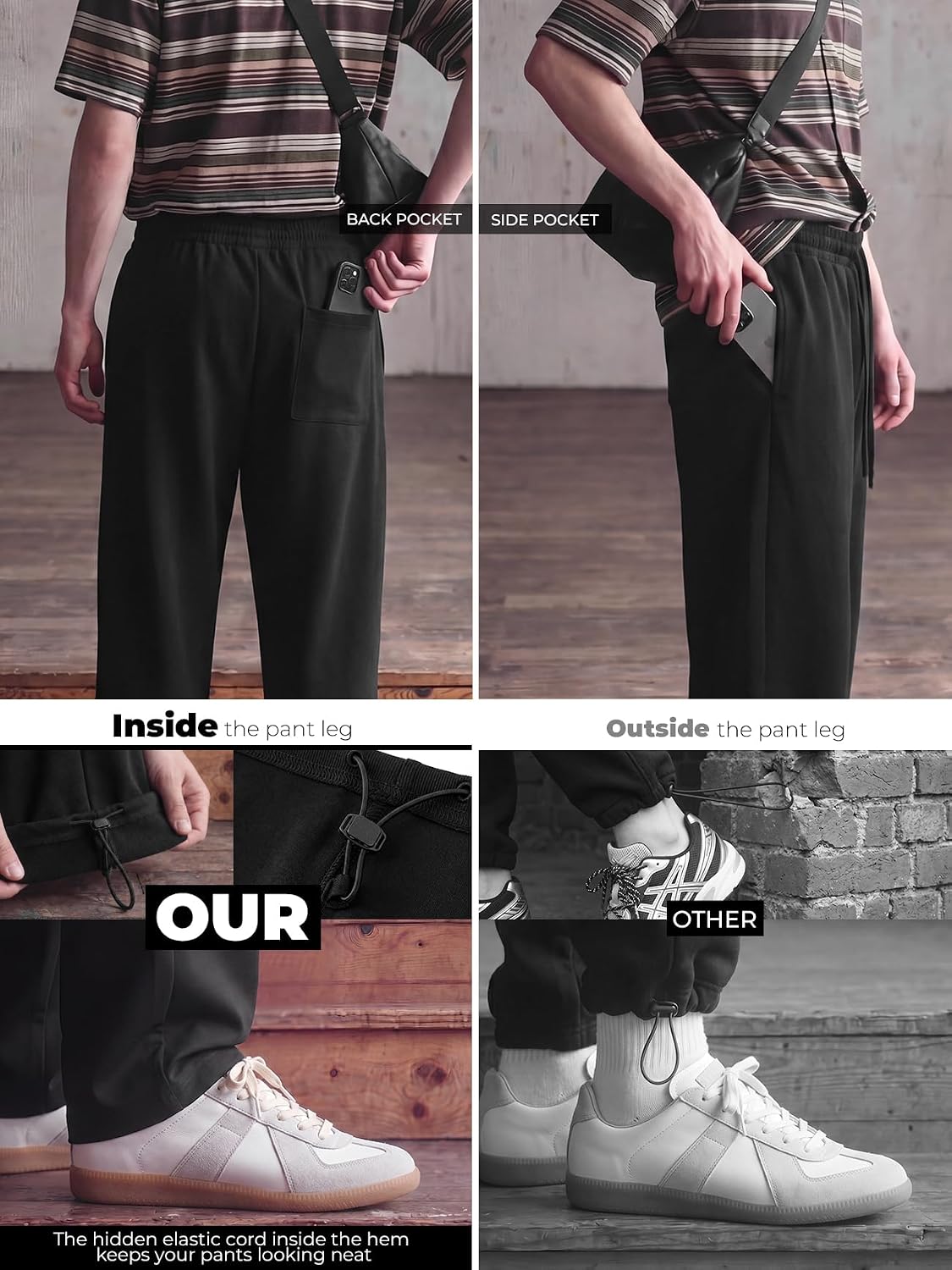 Mens Baggy Sweatpants Adjustable Cuffs 2-in-1 Wide Leg Loose Gym Casual Lightweight Cotton Pants Pockets Drawstring