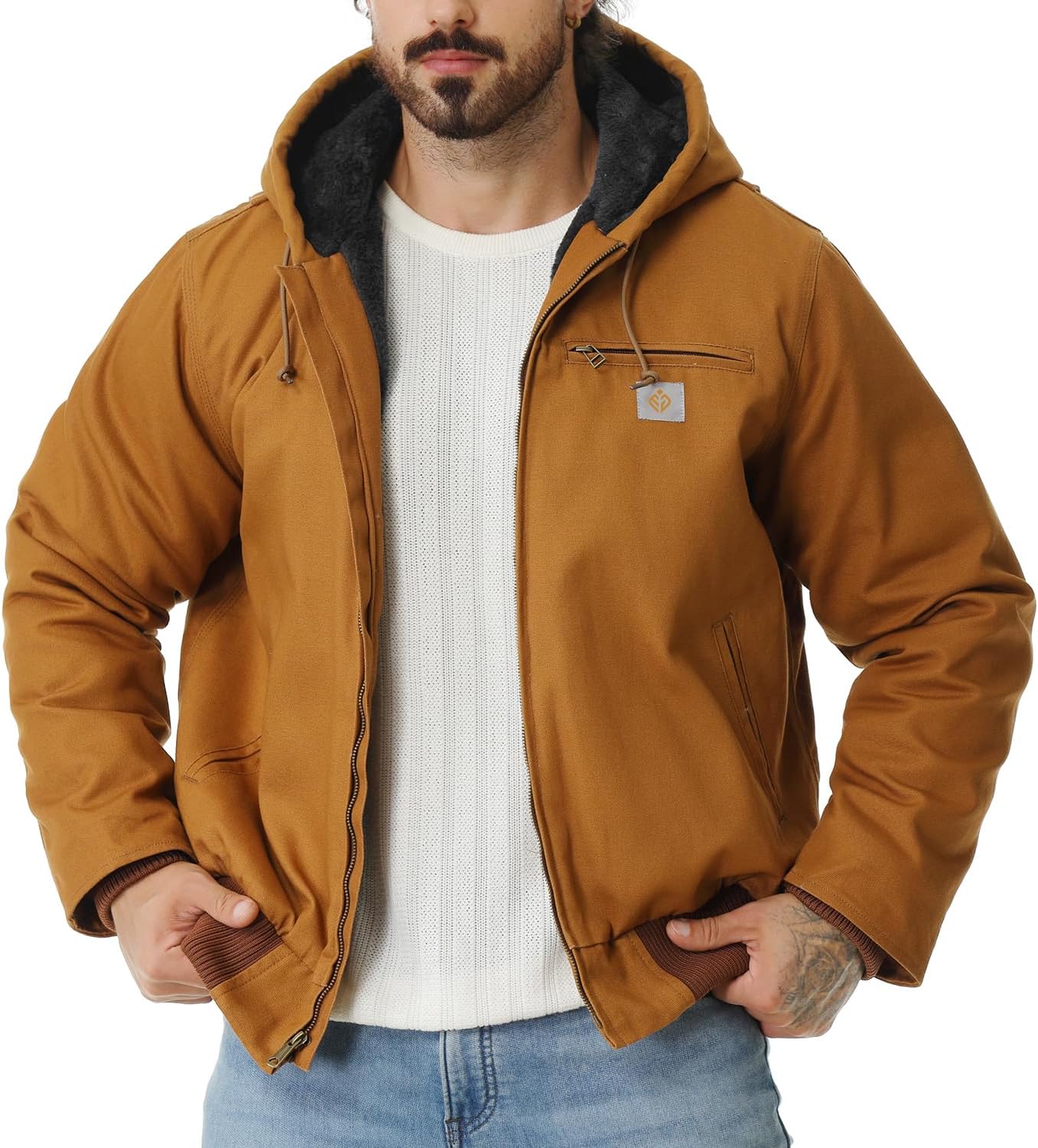 Men's Work Coat Washed Duck Fleece Lined Waterproof Workwear Fit Relaxed Winter Hooded Active Jacket - Image 6