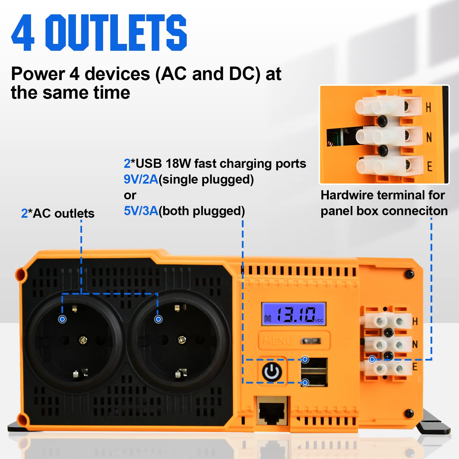 ECO-WORTHY Wechselrichter 12v auf 230v Reiner Sinus, Wechselrichter 2000w eingebautem Dual 18W USB-Anschluss, 2 * AC-Steckdosen, 1 * Hardwire-Klemmen und 1 * 100A Sicherung
