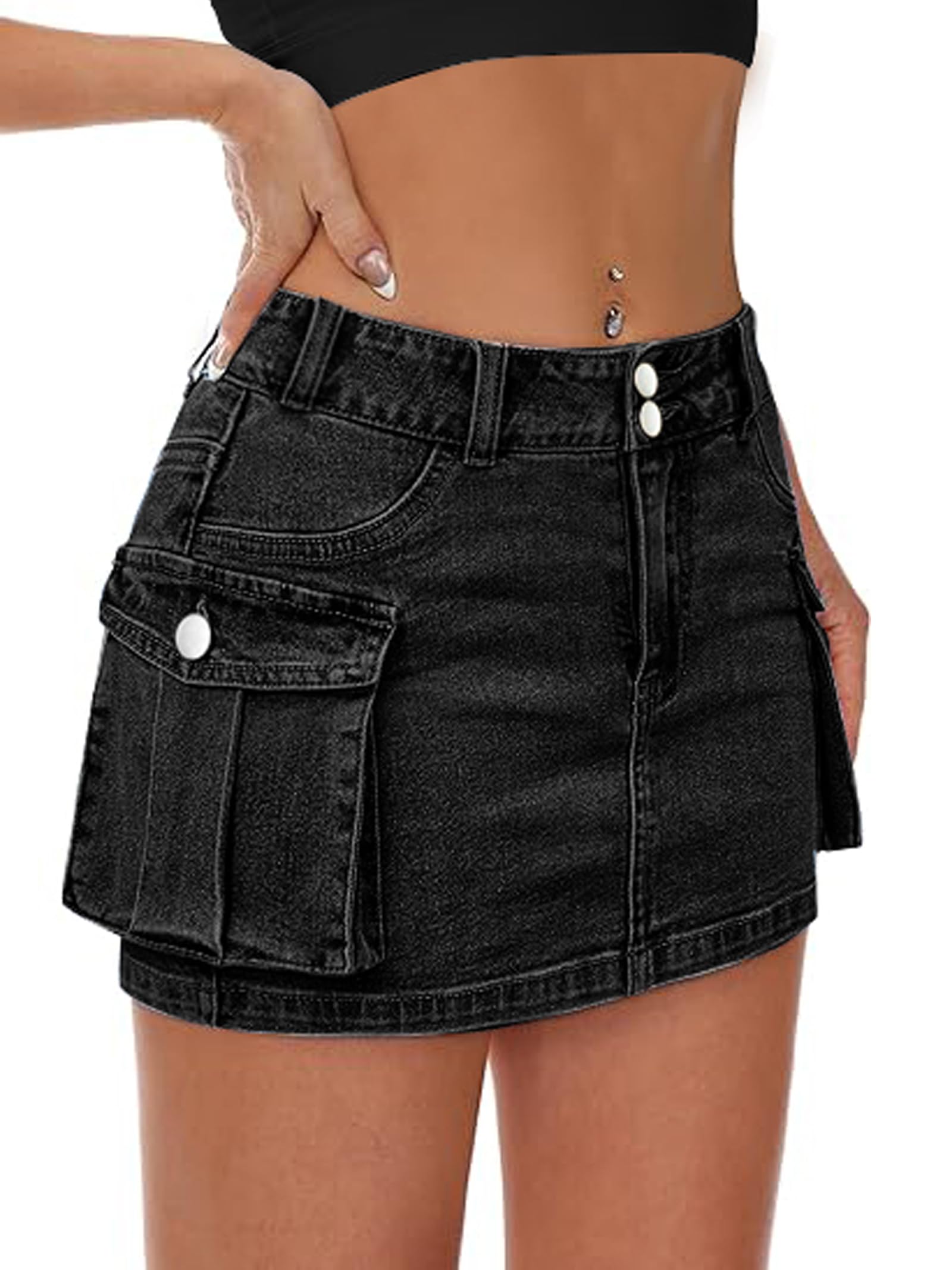 Low Waist Cargo Skirt Women Button Mini Cargo Denim Skirt with Pocket Mini Skirt