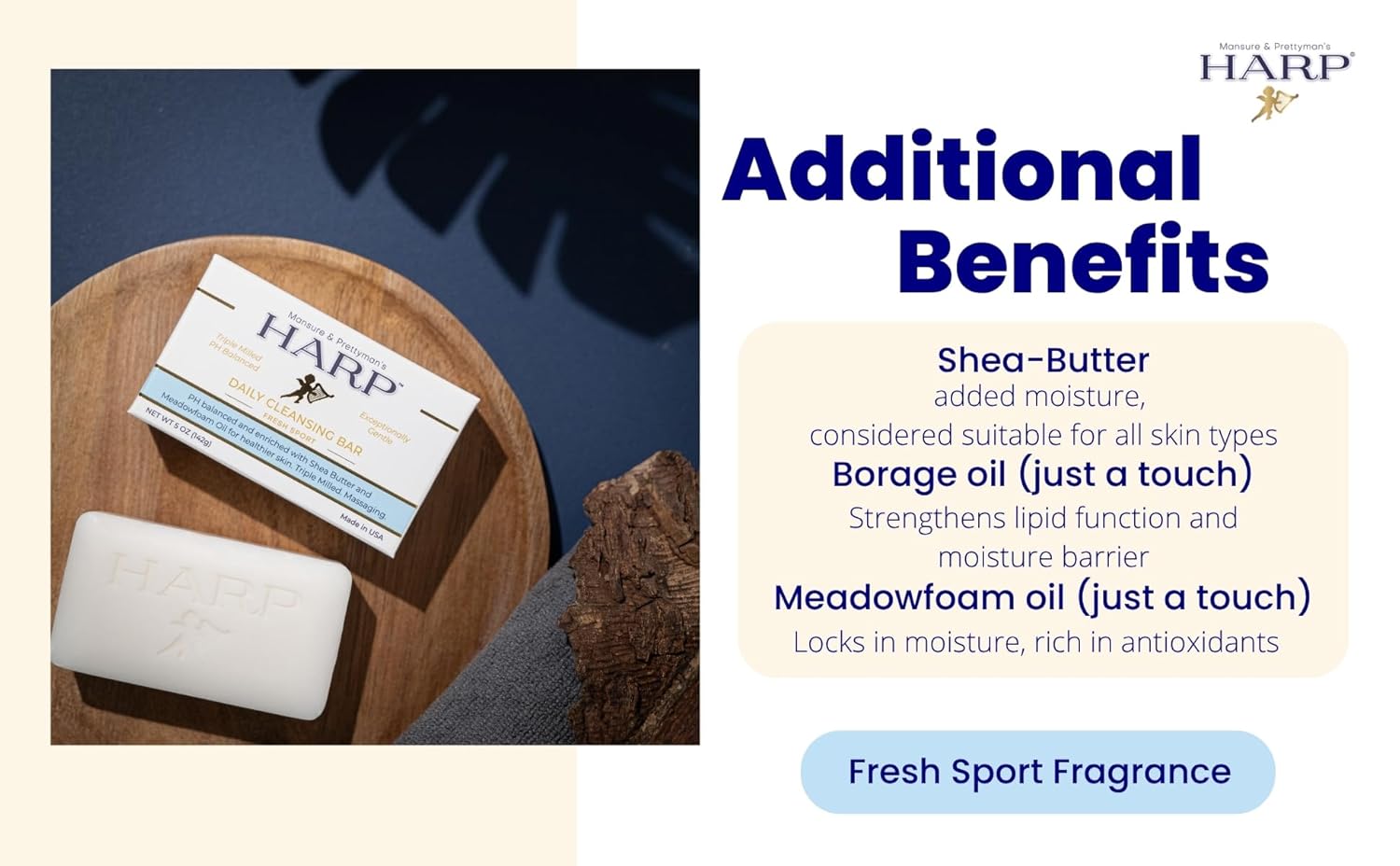 HARP® Fresh Sport Body Wash Bar – pH Balanced (5.0–6.0) Syndet Cleanser, Soap-Free & No Lye, Non-Comedogenic, Gentle for Sensitive & Dry Skin, With Shea Butter & Borage Oil - Image 6