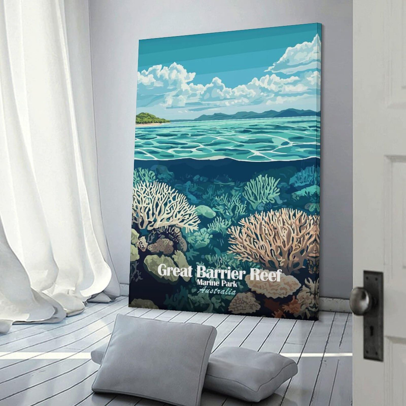 Junmoney Frame-Style-13 Great Barrier Reef Poster Canvas Wall Art 24X36inch(60X90cm), For Workspace Walls, Study Corners Or Bedrooms, Wall Art That Adds Style To Work Areas
