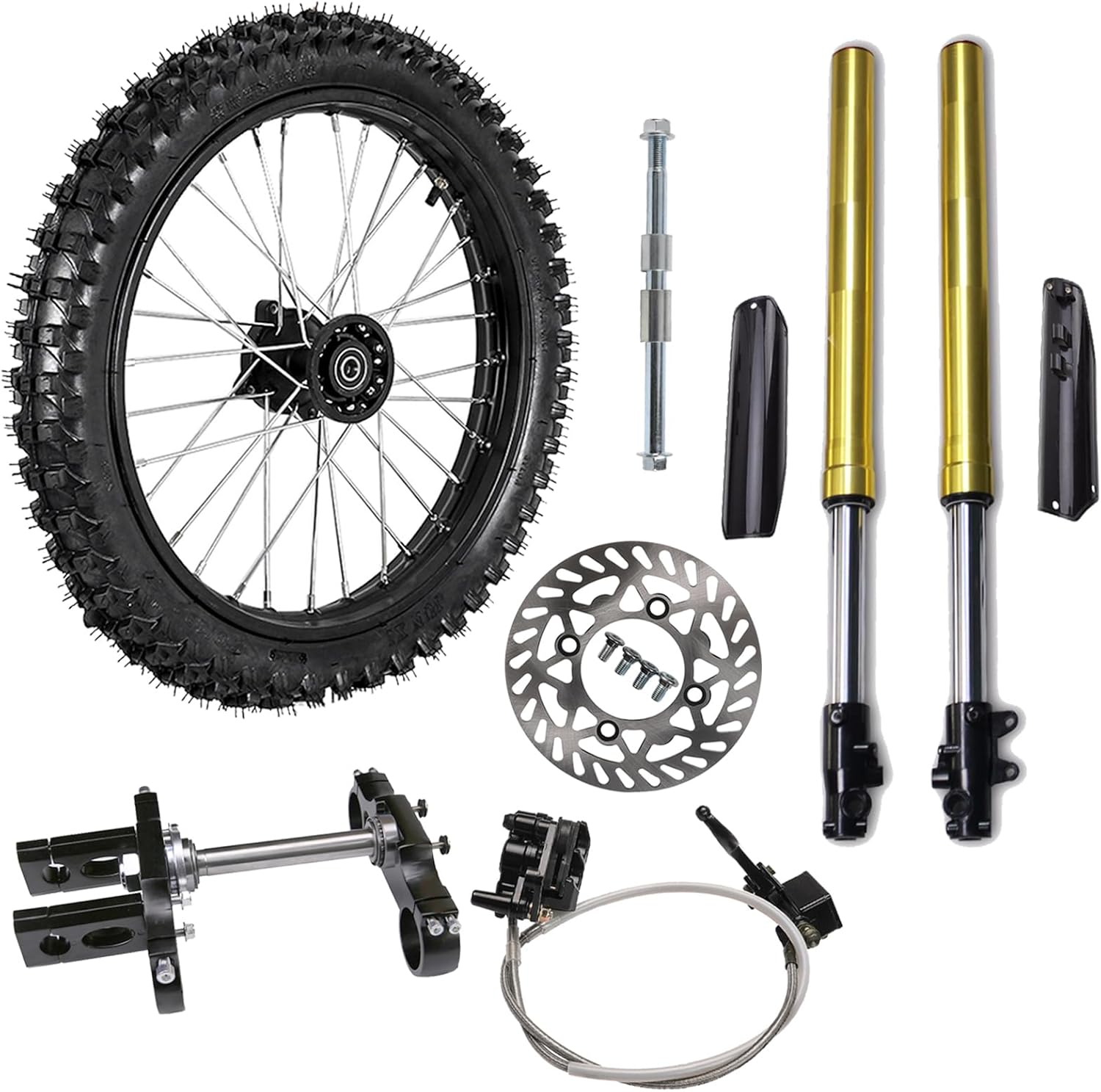 17" 70/100-17 Pit Bike Front Wheel Kit, Triple Tree Clamp, Disc Brake Rotor, Brake Caliper, 15mm Rim Axle for Dirt Pit Pocket Trail Bike Offroad Motorcycle Taotao Apollo