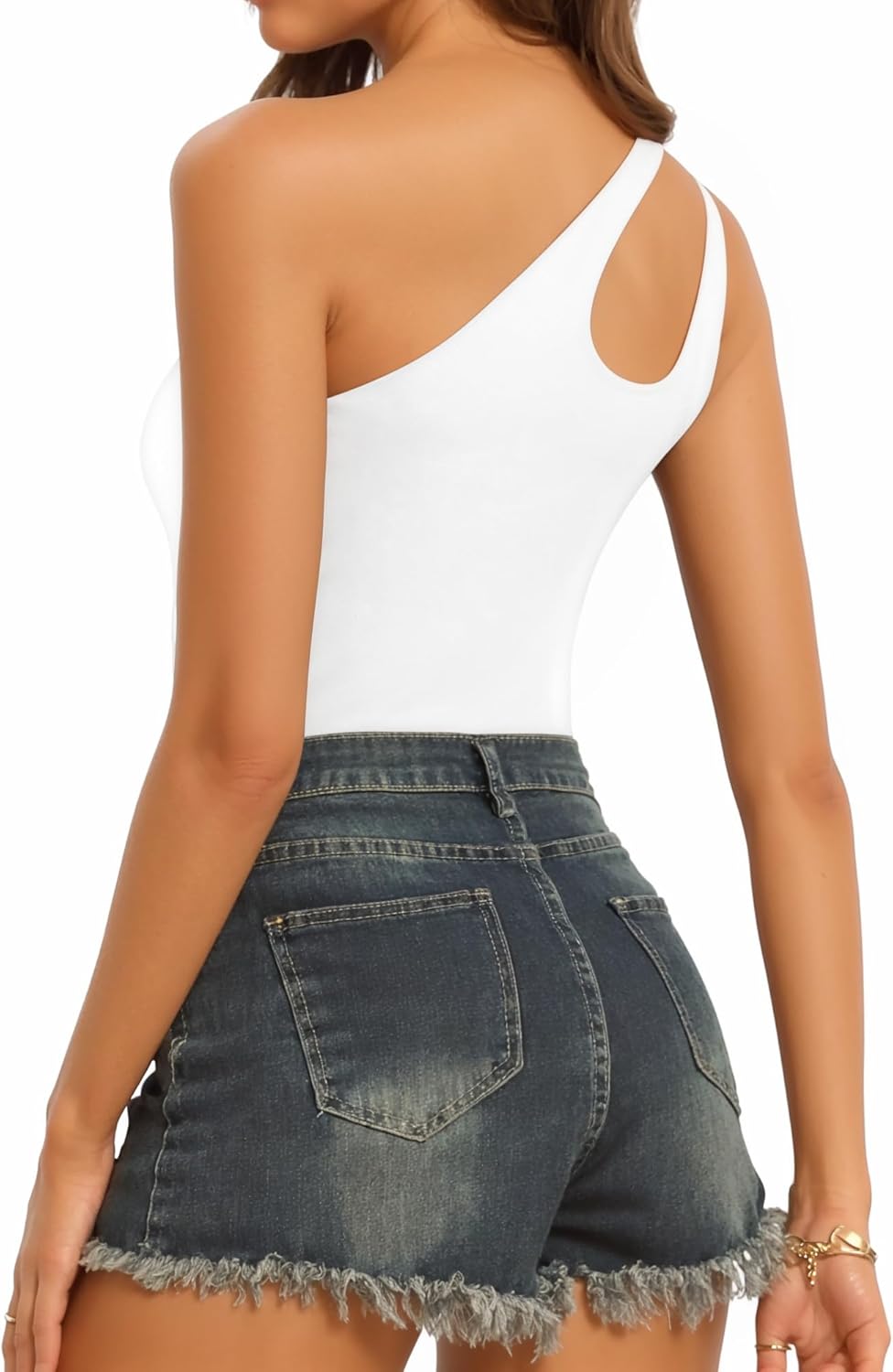 MANGOPOP Women's One Shoulder Sleeveless Bodysuit Sexy Cutout Backless Body Suit Double Lined Going Out Tank Top - Image 2