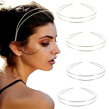 Elegant 4 Pack Gold Metal Thin Hairbands. Elastic Hair Bands for Teens & Women Ideal For Parties And Special Occasions 2 golden and 2 silver