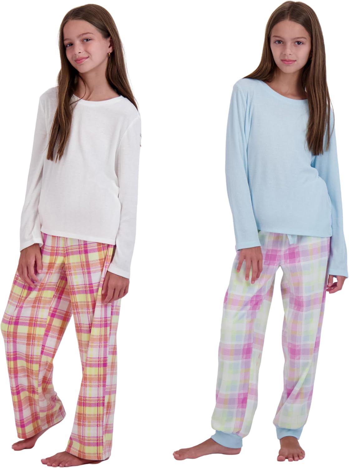 US Angels Girl's Pajama Sets, 4-Piece Pajamas for Girls - Long Sleeve Shirt, Plaid Microfleece Pants
