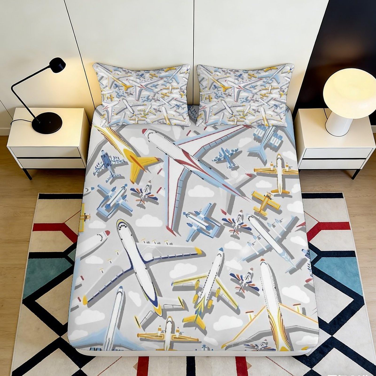 3D Printed Airplane Pattern Fitted Sheet Microfiber Soft Durable 3D Printed Clouds Bed Cover for Bedroom Dormitory Guest Room Mattress Protection 120x200x25cm