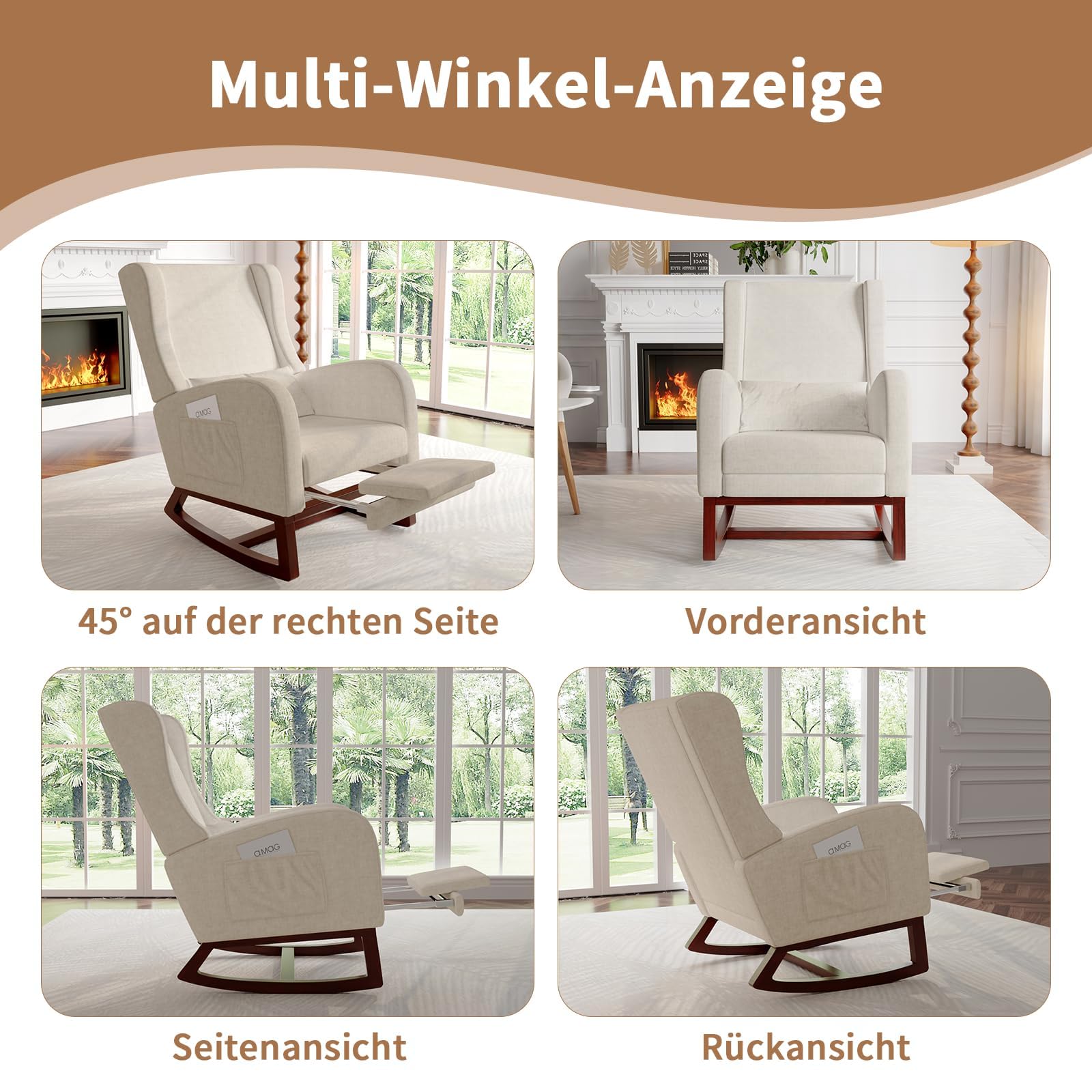 Poltrona a Dondolo Ergonomica, con Braccioli e Tasche Laterali, Sedia da Allattamento con Cuscini, Struttura in Legno Massello, Chaise Longue per Soggiorno o Camera da Letto (Beige)