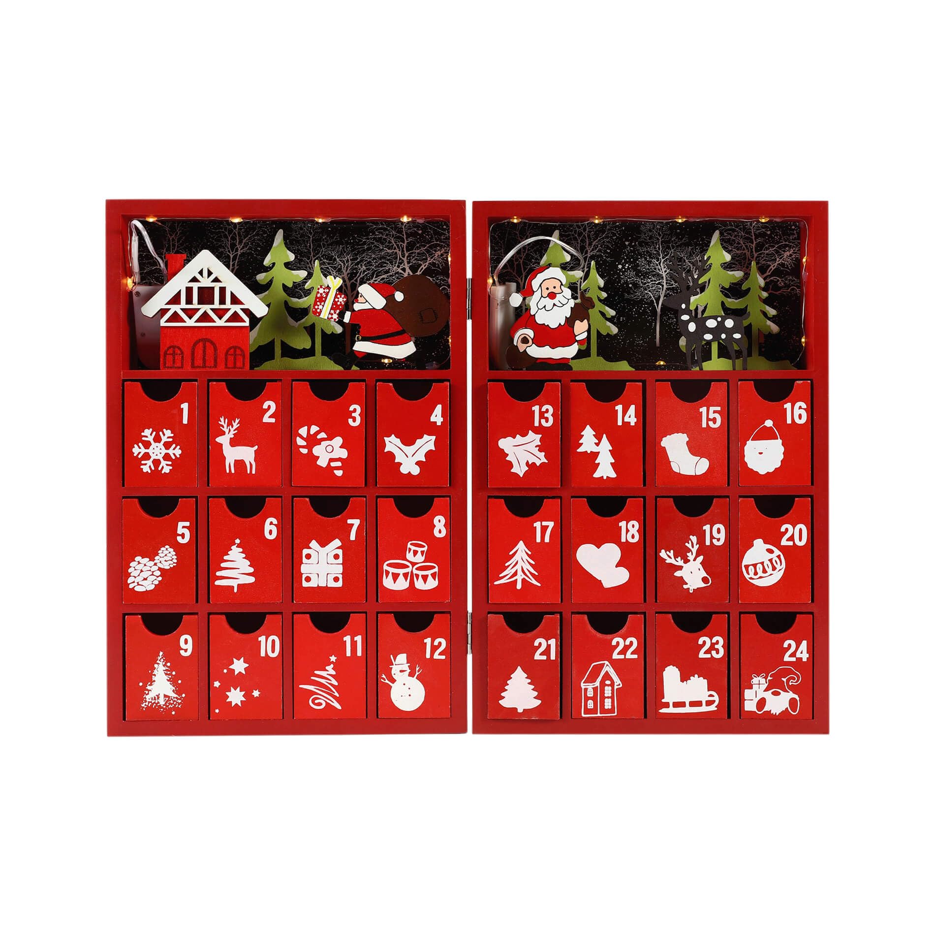 Rebecca Mobili Befüllbarer Adventskalender mit Schubladen und Lichtern, Holz, Rot, Wiederverwendbar, Weihnachtsgeschenkideen - Abmessungen HxBxT: 31 x 42 x 4,5 cm - Art. RE6891