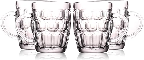 1 Pint Dimpled Beer Mug Set of 4 - Heavy British Pub Thick Glass with Handle - Stein Cup for Beer Lover in Home Party BBQ