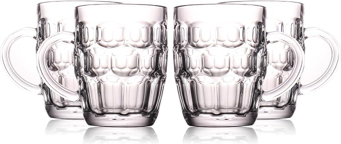 1 Pint Dimpled Beer Mug Set of 4 - Heavy British Pub Thick Glass with Handle - Stein Cup for Beer Lover in Home Party BBQ