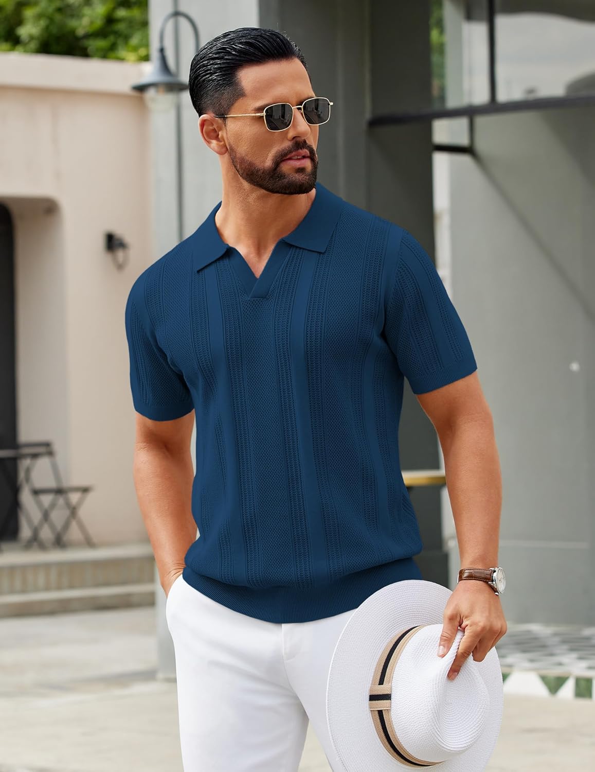 COOFANDY Mens Knit Polo Shirts V Neck Textured Polo Shirts Short Sleeve Breathable Polo Casual Collared T Shirt Fashion Tops - Image 8