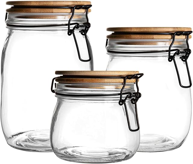 Argon Tableware 3 Piece Airtight Storage Jars with Wooden Lid Set - Round Scandinavian Style Glass Canister
