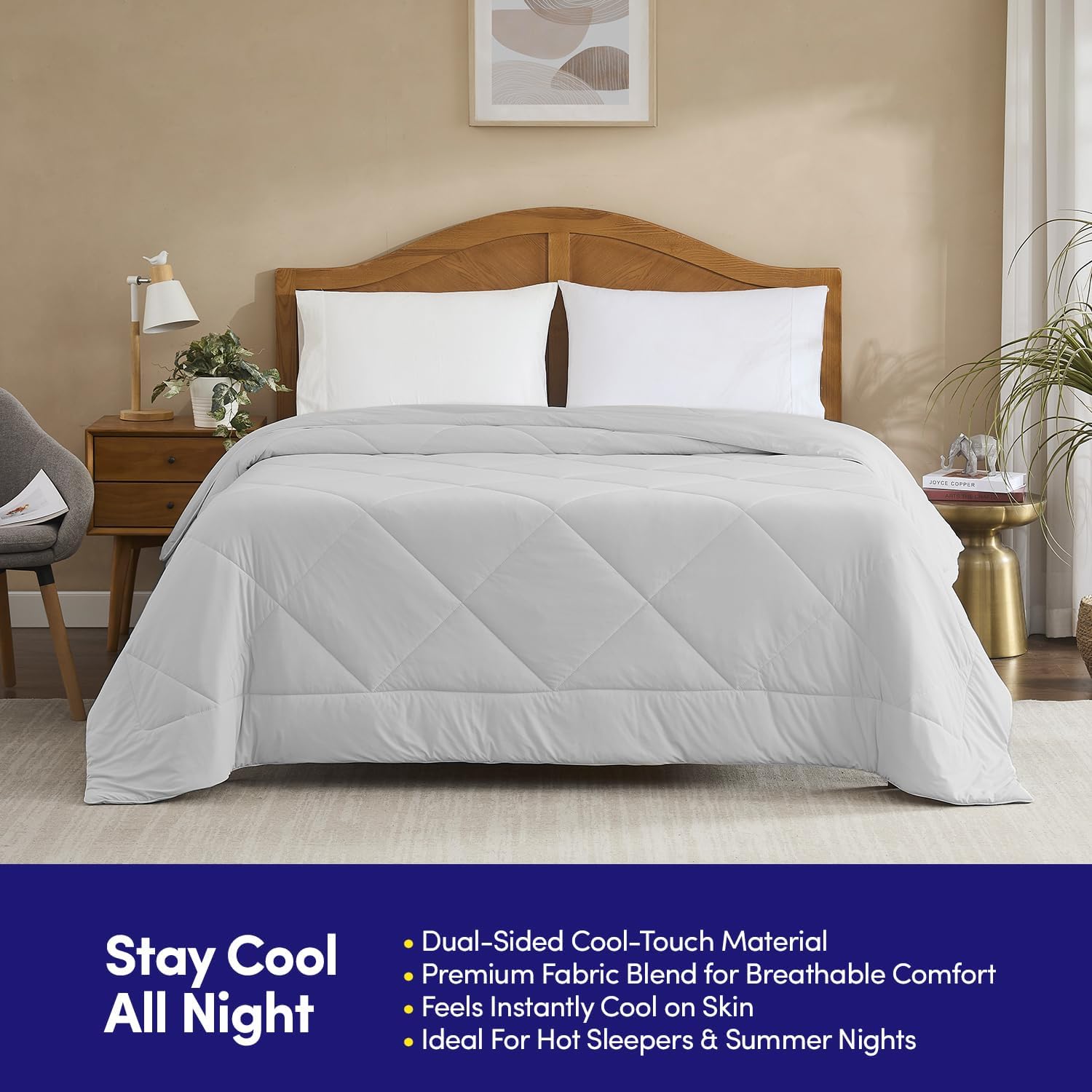 Oversized Cooling Comforter King/California King – Reversible Diamond-Quilted Comforter with Elegant Trim – Lightweight Breathable Blanket for Hot Sleepers, Night Sweats & All-Season Comfort, Silver