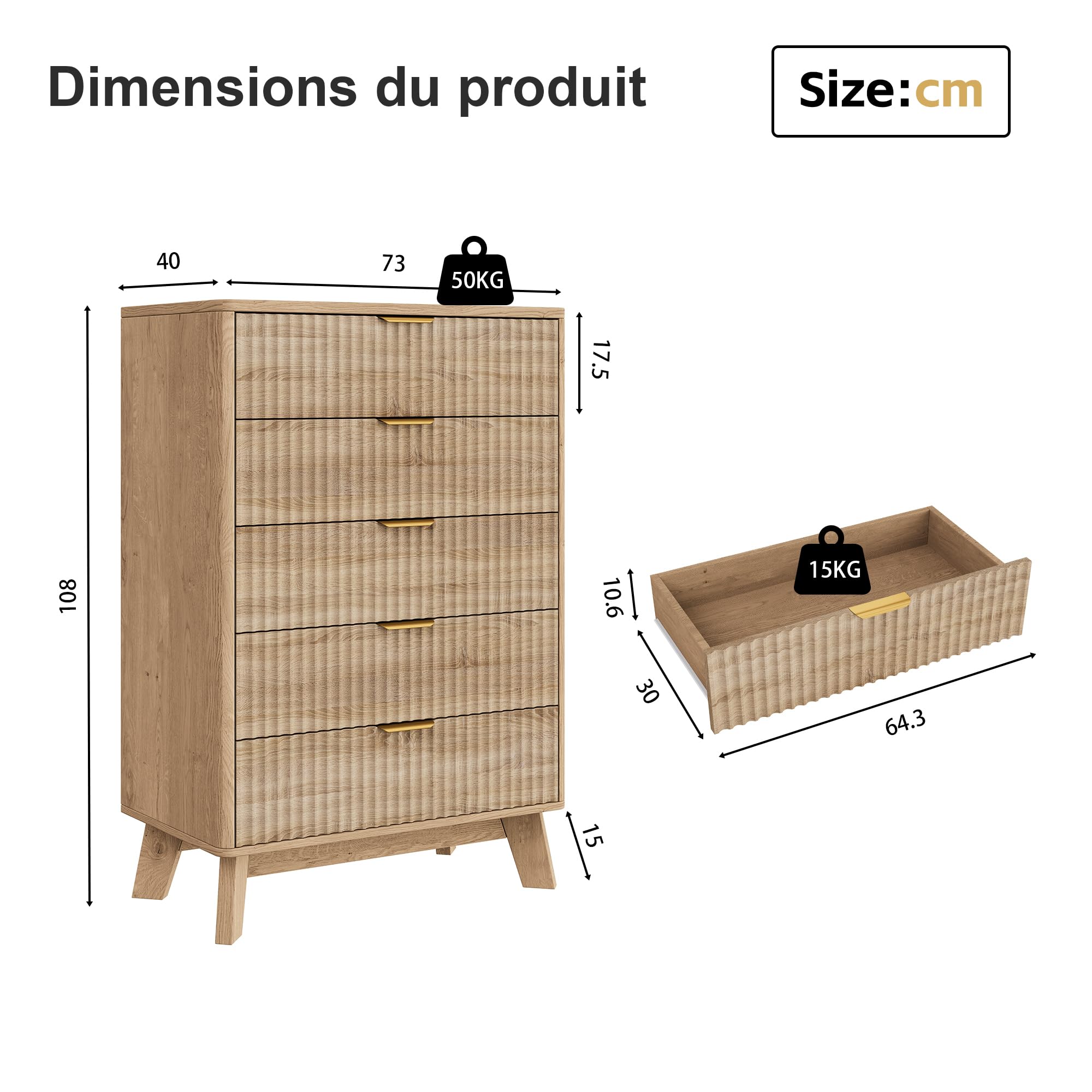 Commode Rangement en Bois, Chiffonnier 5 tiroirs avec antichute et Pieds surélevés, Meuble 40 cm de Profondeur pour Chambre, Entrée, Salon, Bureau, 73x40x108 cm