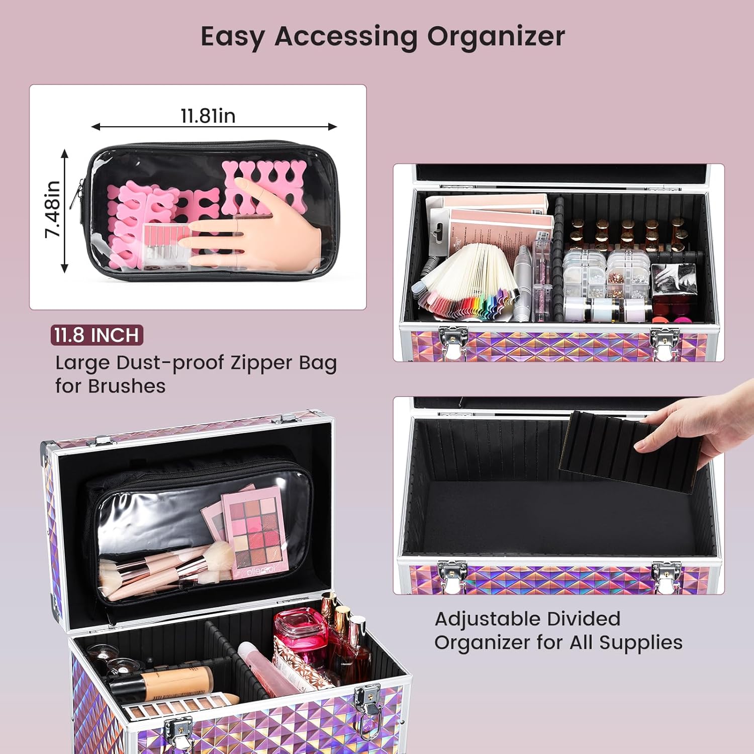 Adazzo Professional Rolling Makeup Case with Drawer for Makeup Artists Cosmetic Train Case Large Storage Case for Nail Technicians Cosmetology Case with Detachable Bag for Hairstylist Pink