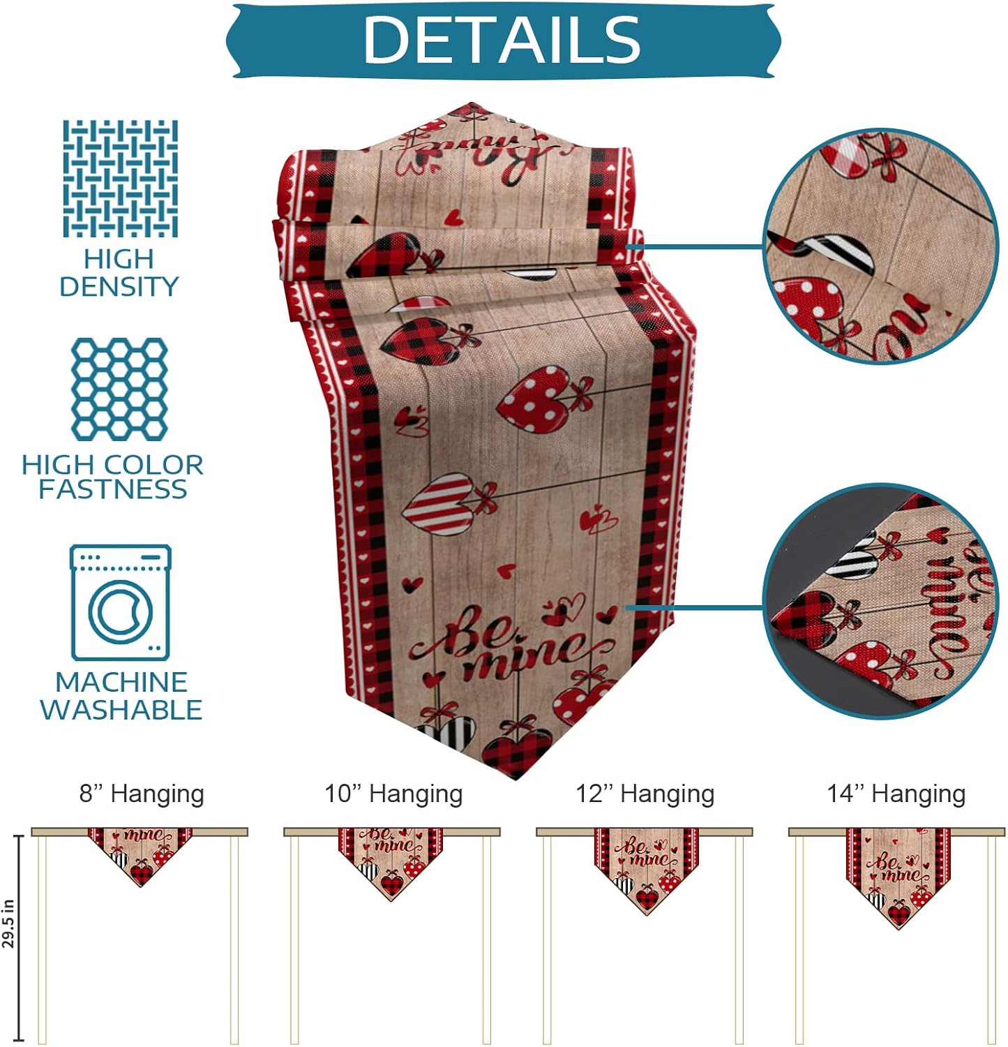 Valentines Table Runner Dresser Scarves,Love Heart Red Plaid Stripe Polka Dots Heart Retro Wood Grain Table Runners 120 Inch Long,Washable Dining Coffee Table Decor for Farmhouse Party Holiday Dinner