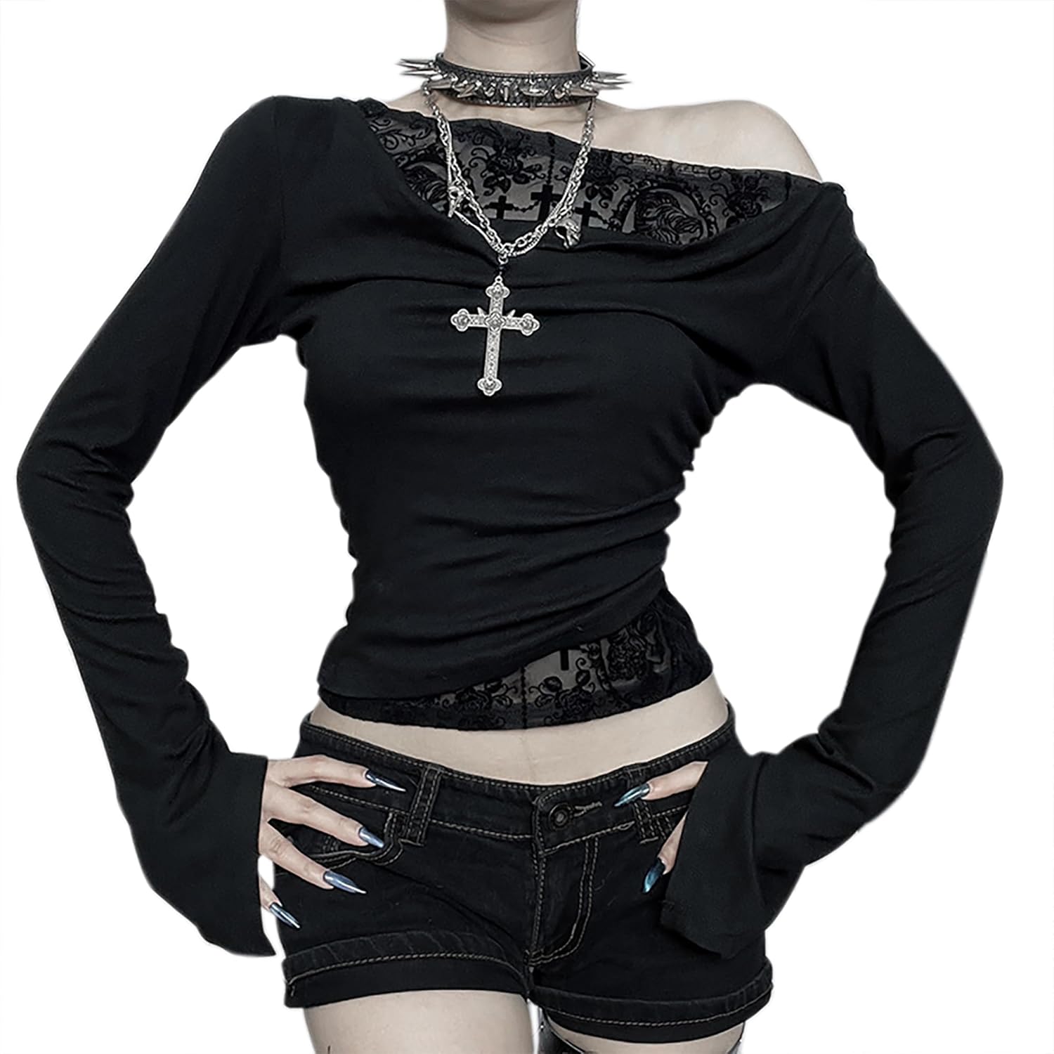 TSMNZMU Womens Gothic Crop Tops Sexy Slim Off The Shoulder Long Sleeve T Shirt Y2k Grunge Lace Patchwork Clothes - Image 2