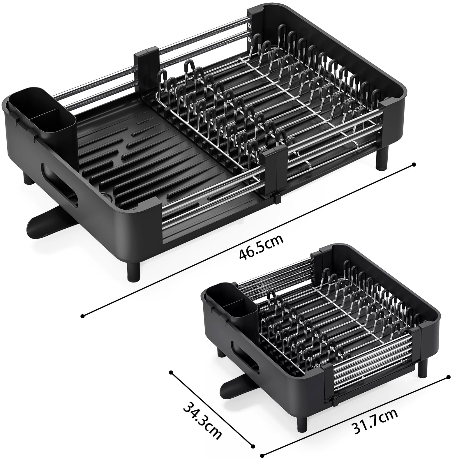 KINGRACK Escurridor de Platos, Escurreplatos Extensible, Escurridor de Platos Acero Inoxidable con Portautensilios Extraíble, Escurreplatos sobre Fregadero con Caño de Drenaje, Negro