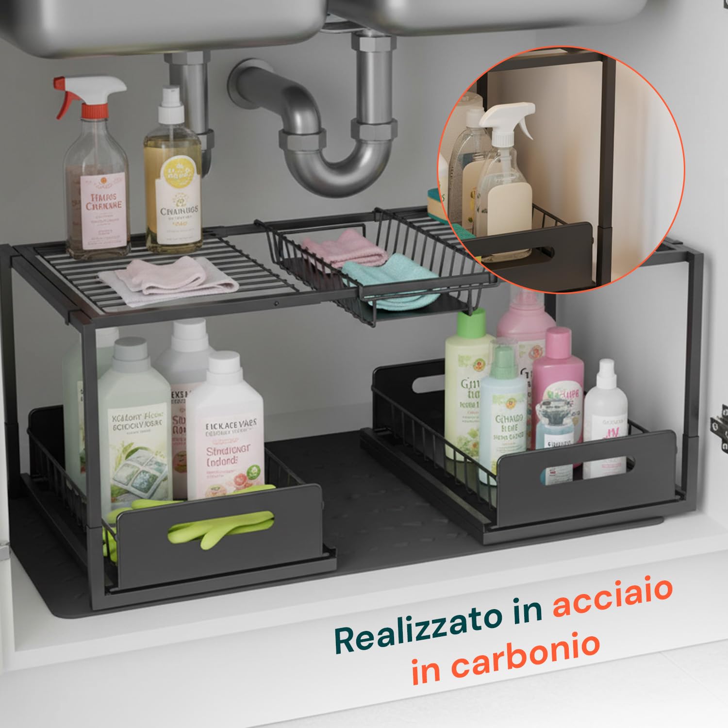 Wintem - Organizer Sottolavello Cucina Espandibile in Acciaio con 2 Cassetti Estraibili, Scaffale Salvaspazio Regolabile per Lavello, Mobile Cucina, Bagno e Lavanderia, Montaggio Facile