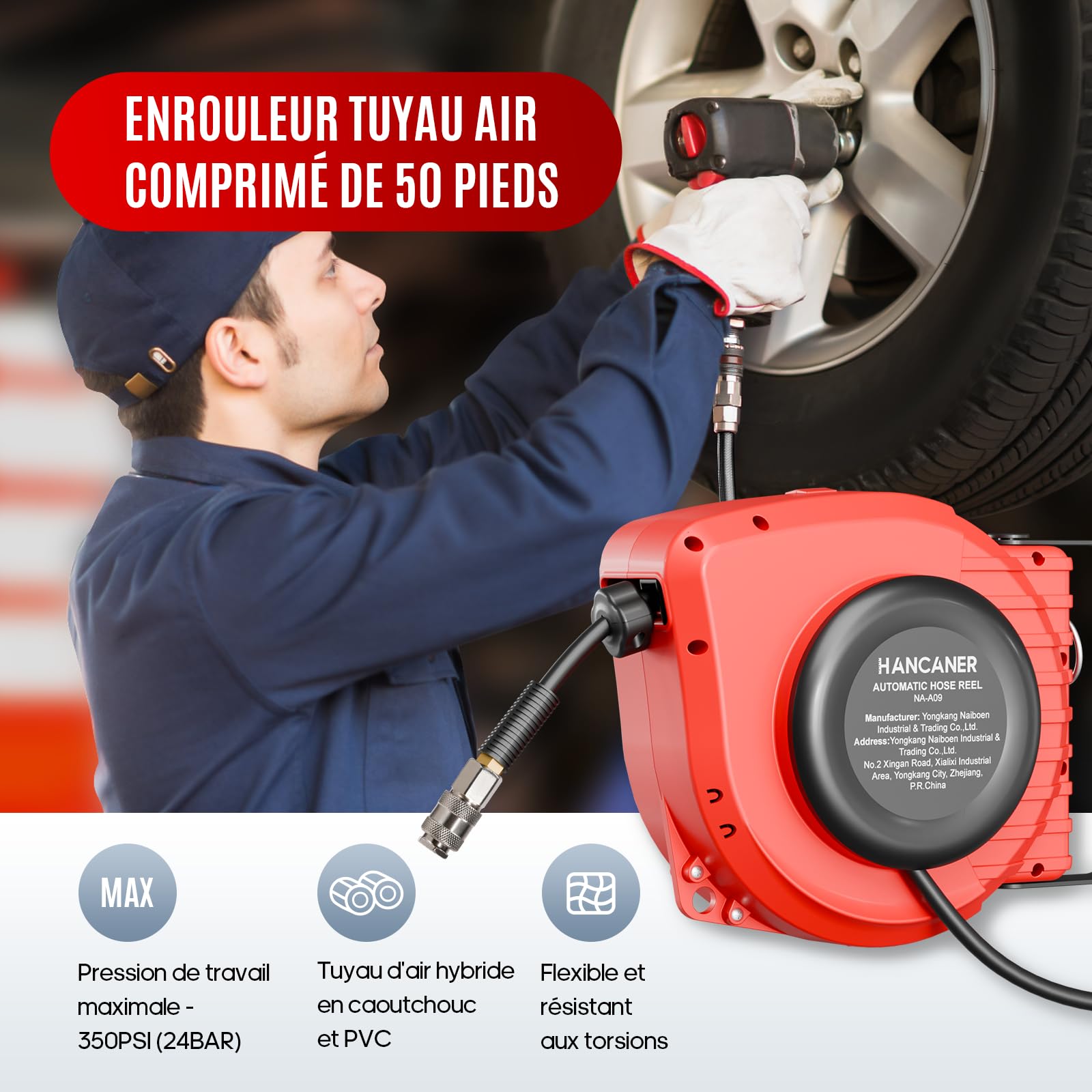 Hancaner Enrouleur Tuyau Air Comprimé Automatique Compact de 15 m + 1,5 m, avec Raccord 1/4", 24 bar Pression Maximale, Support Mural Pivotant à 180° Enrouleur Electrique Mural