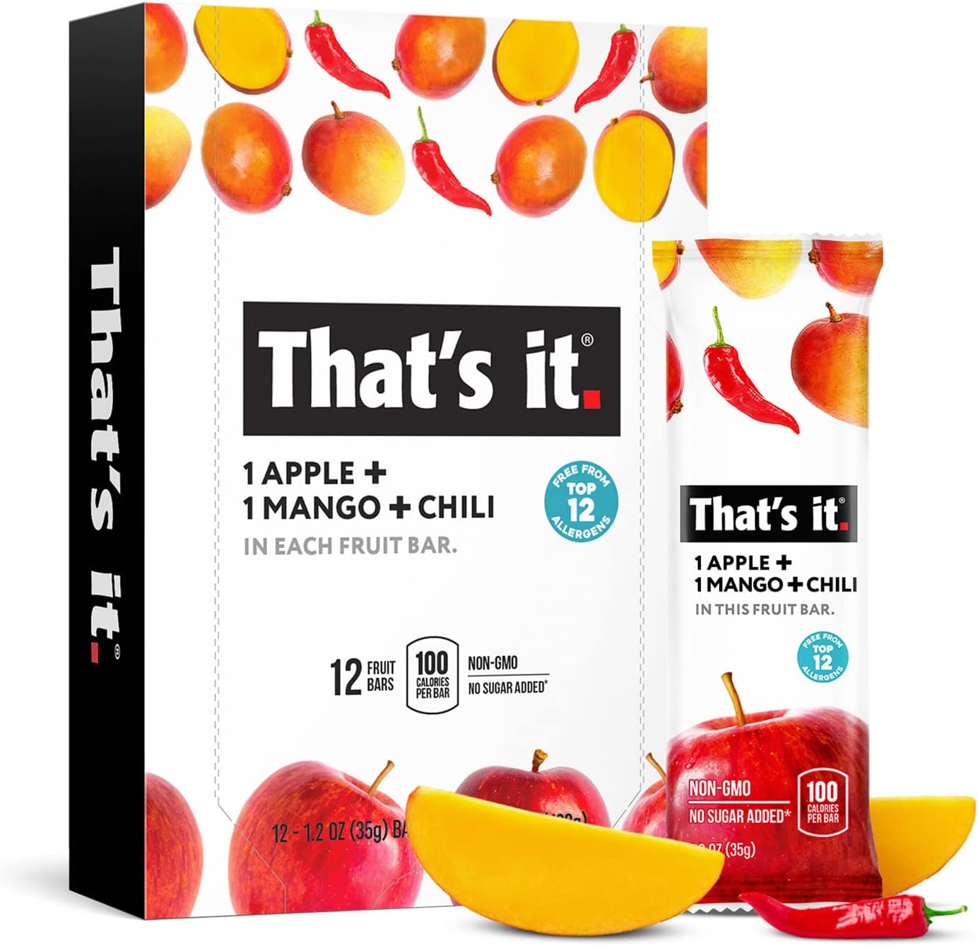 That's it. Apple+Mango+Chili 100% Natural Great Tasting Real Dried Fruit Bar, Vegan, Gluten Free, Paleo, Kosher, Non GMO, No Preservatives, No Added Sugar (12 Packs)
