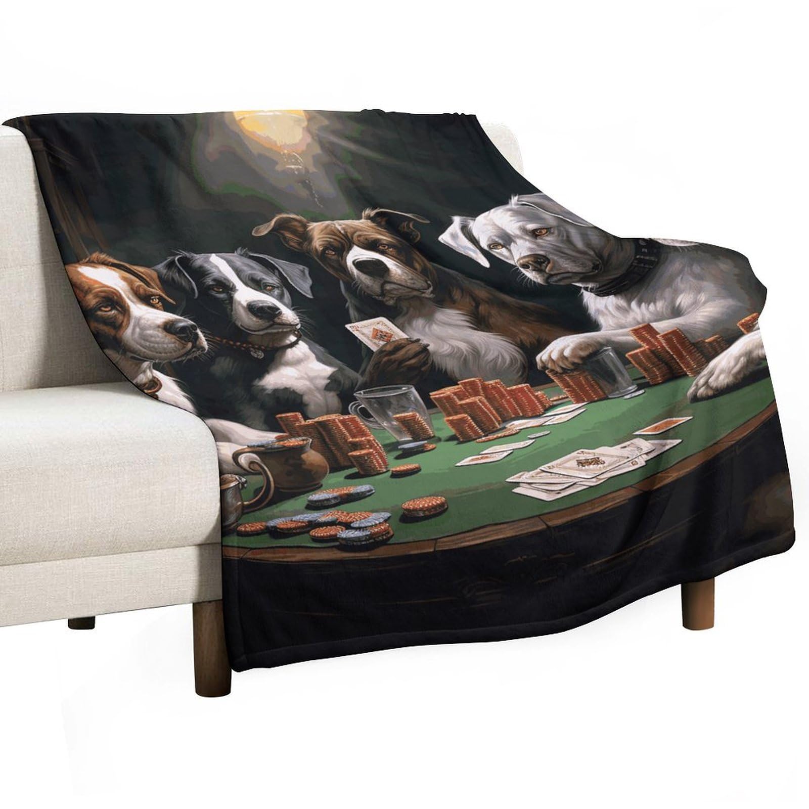 Plaid flanelle motif chiens de poker : couverture lit, canapé, voyage et camping