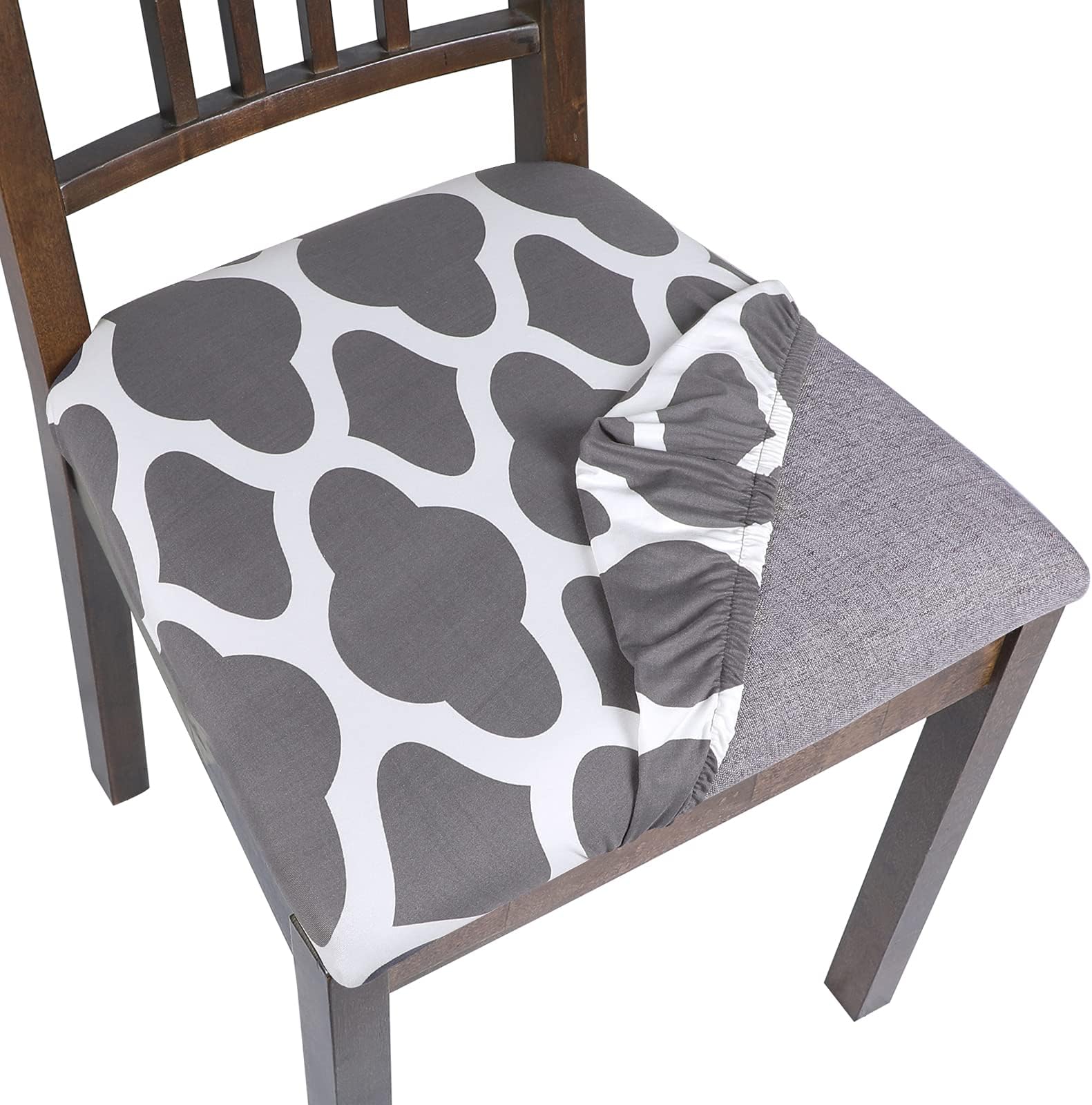 SearchI Seat Covers for Dining Room Chairs Stretch Printed Chair Seat Covers Set of 4, Removable Washable Upholstered Chair Seat Protector Cushion Slipcovers for Kitchen, Office(Grey)