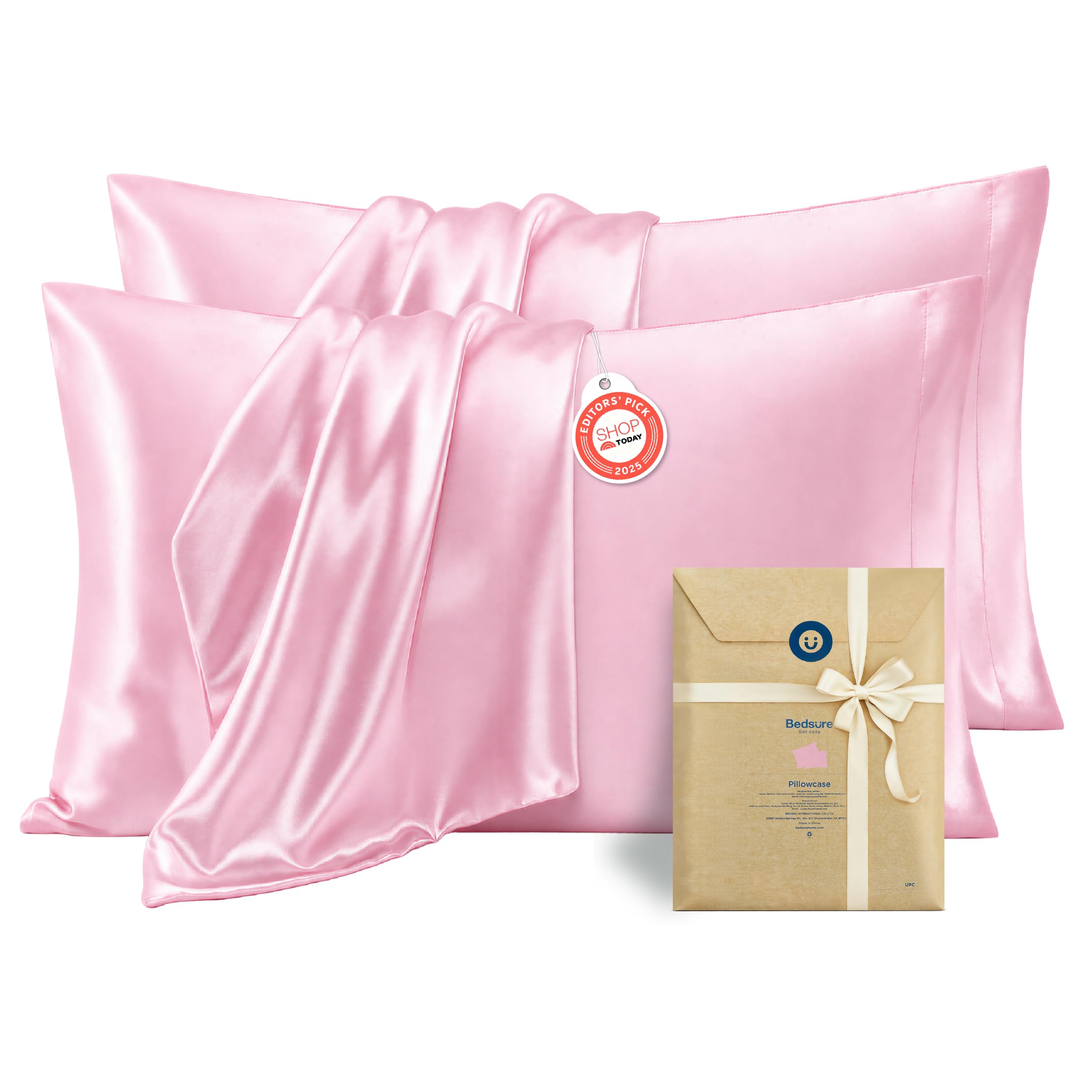 Bedsure Satin Pillowcases Standard Size Set of 4, Silky Pillow Cases, Pink