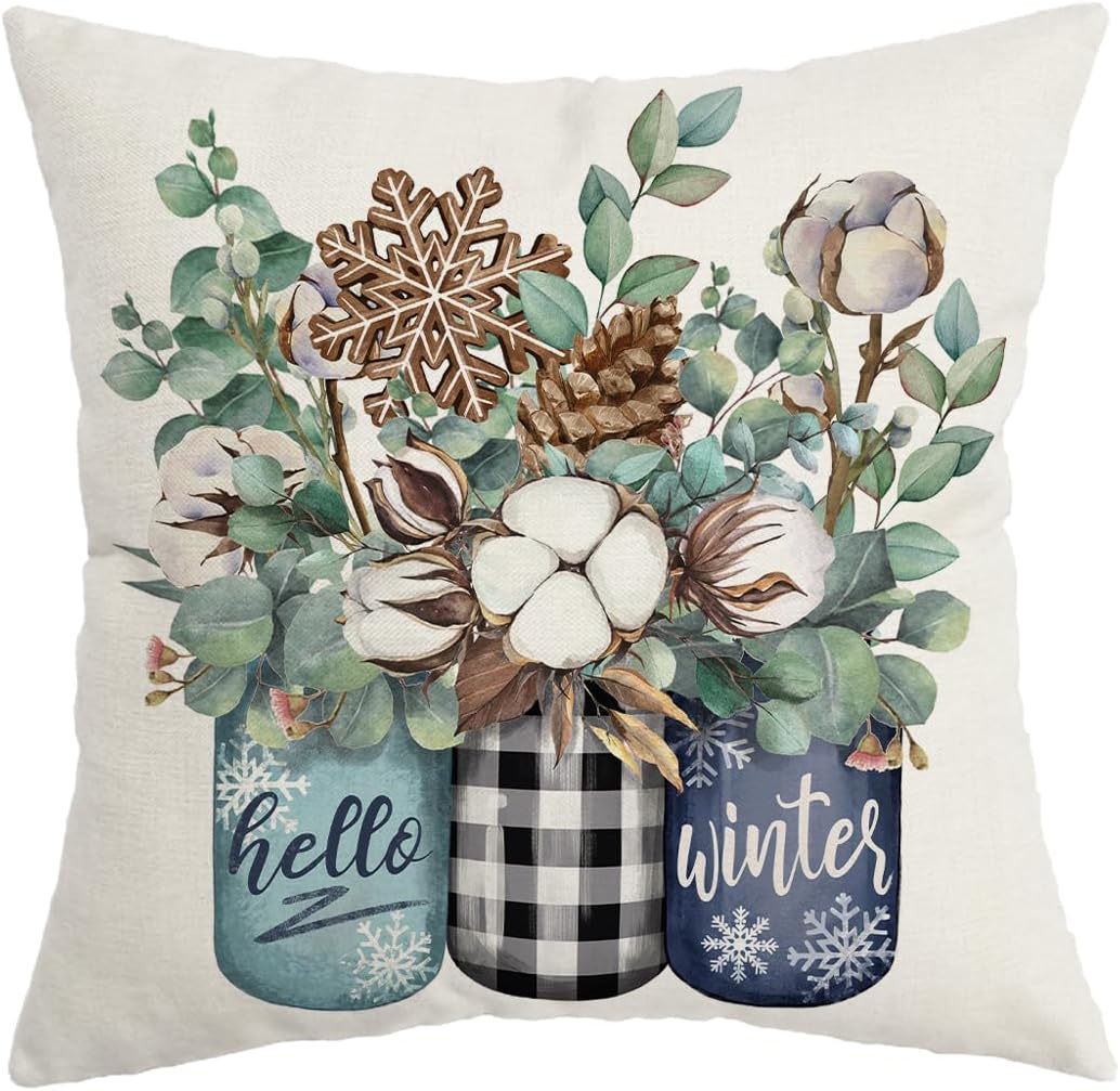 AACORS Winter Pillow Cover 18x18 Inch Hello Winter Vase