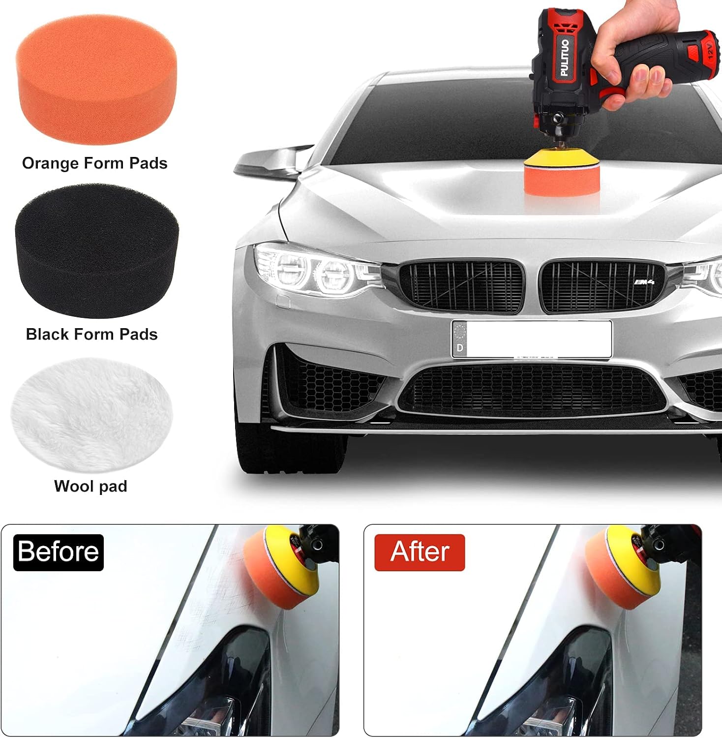 PULITUO Cordless Car Buffer Polisher, 3 Inch Sanding And Polisher Kit for Car Detailing, 12V & 2000mAh Battery with 45min Fast Charger, Used for Polishing, Rust Removal And Sink Scrubbing