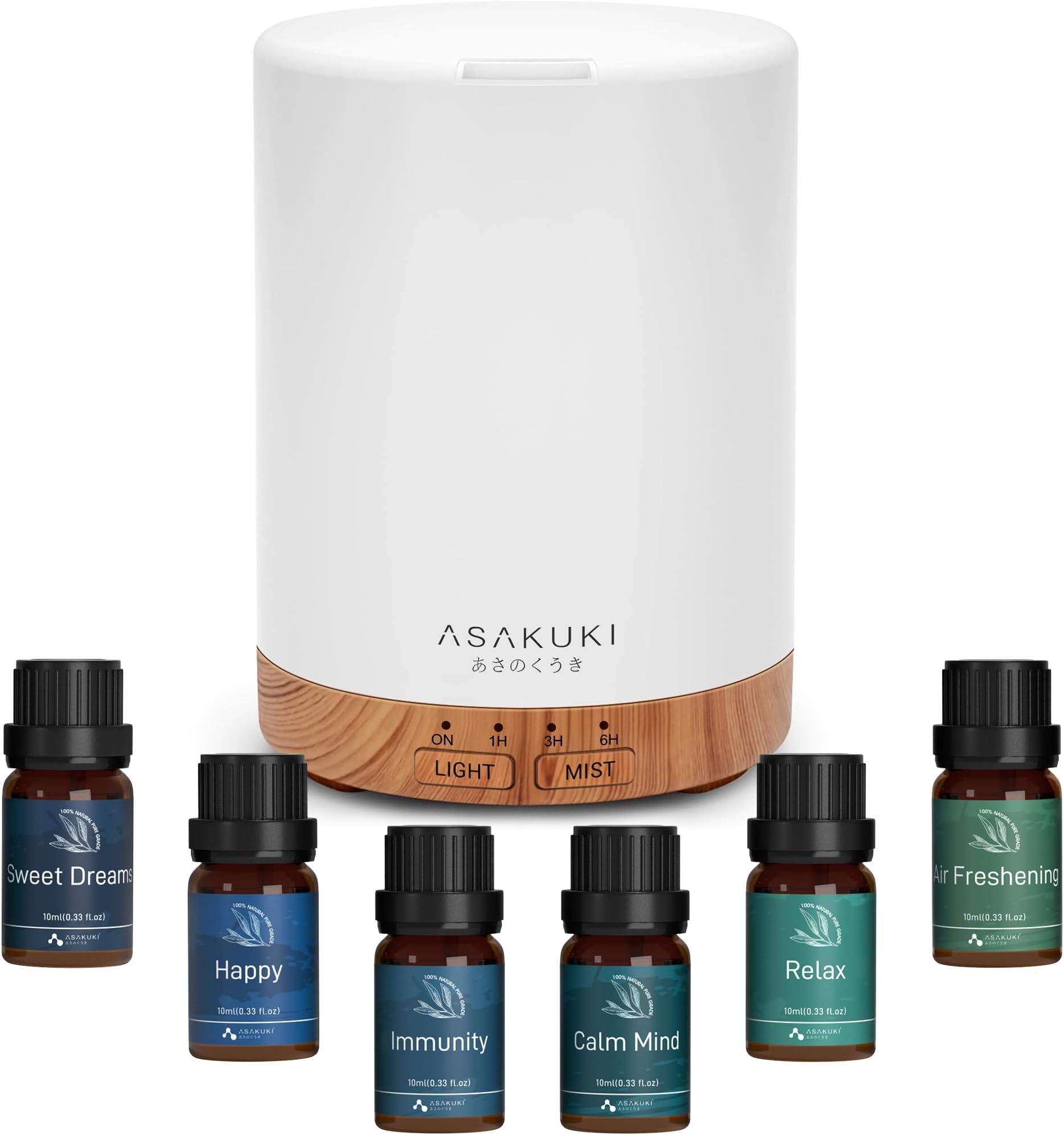 ASAKUKI Essential Oil Diffuser for Home, 300 ml Aromatherapy Diffuser with 6 Essential Oil Sets, Automatic Shut-Off, 7 LED Lights for Living Room, Kitchen, Bedroom, Hotel - Brown with Oils